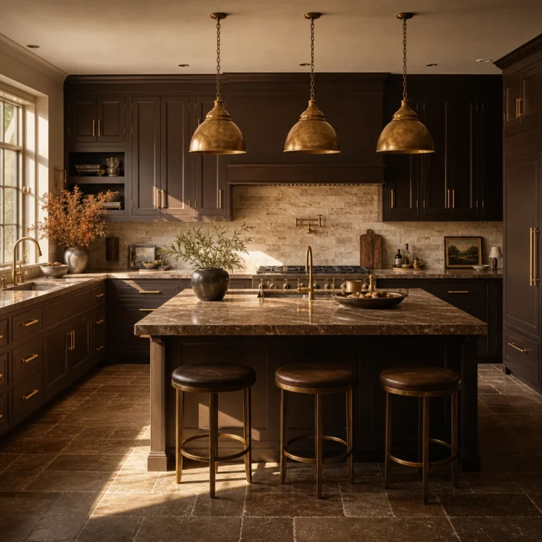 Brown and gold kitchen with dark walnut cabinets, aged brass pendant lights, a brown marble island, travertine backsplash, and quarry tile flooring in warm late afternoon light.