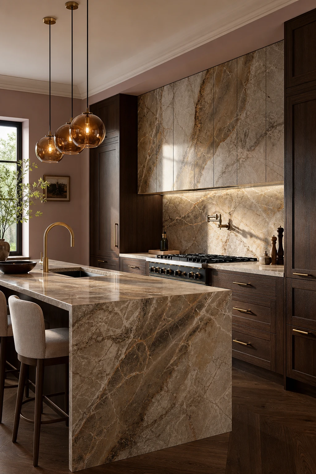 Brown and gold kitchen with a full height brown marble backsplash hero, warm brass fixtures, dark wood cabinetry and soft pink painted walls in natural morning light