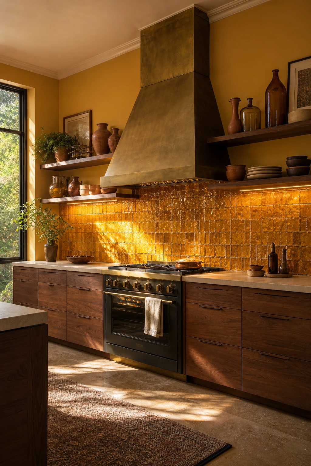 Brown and gold kitchen with a glowing amber glass tile backsplash lit from behind by under cabinet lights, warm walnut cabinetry and brass fixtures