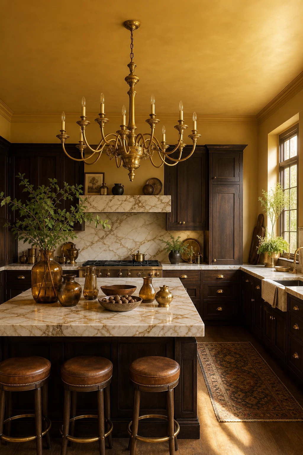 Brown and gold kitchen with a statement island chandelier as hero, warm hay yellow walls, dark wood cabinetry, marble island, and brass hardware under soft evening light