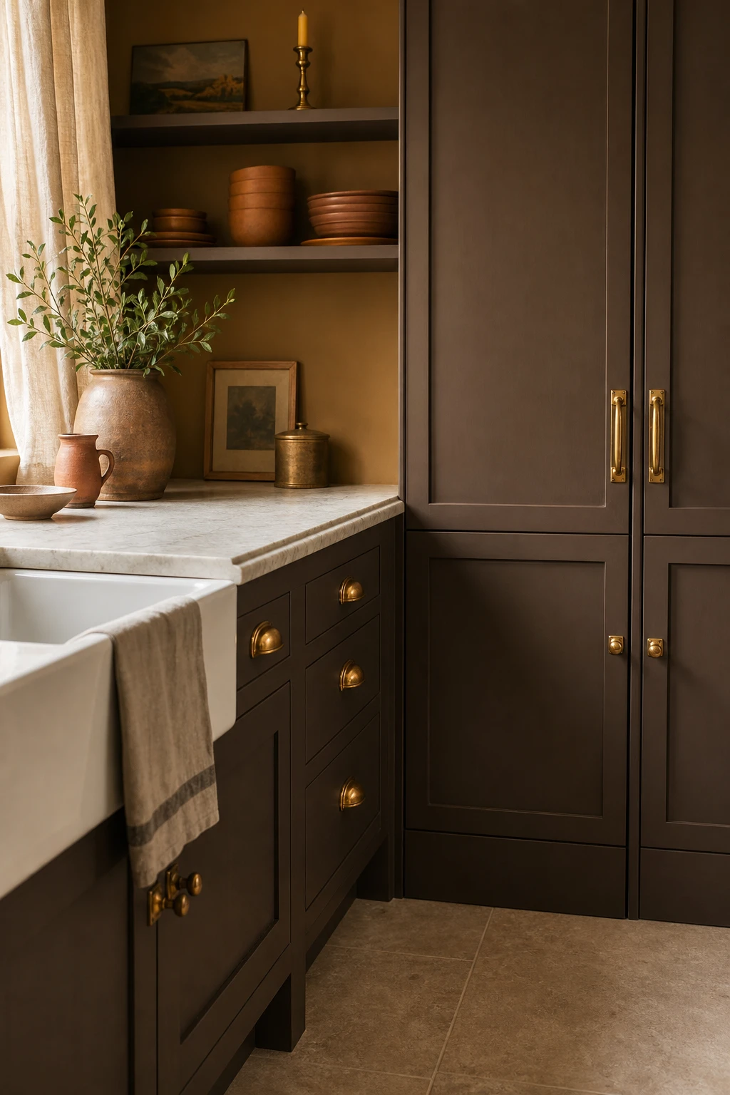 Brown and gold kitchen with aged brass hardware as hero detail on warm brown cabinets, Farrow and Ball Bombazine painted walls, natural morning light