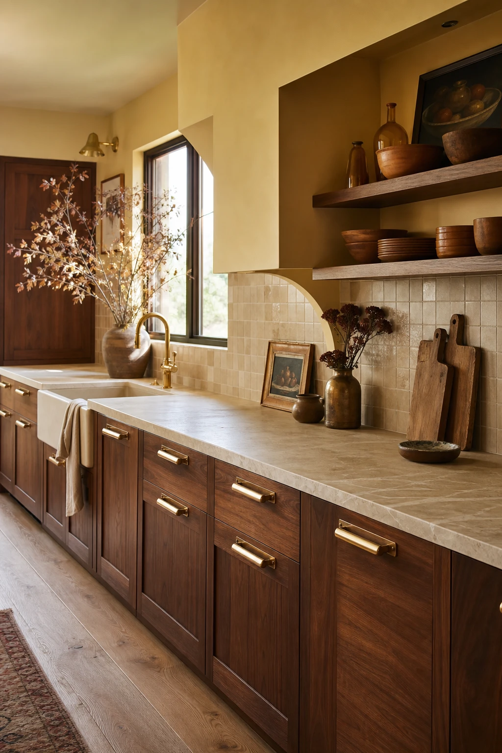 Brown and gold kitchen with beige countertops, warm wood cabinetry, brass hardware, and Farrow and Ball Dayroom Yellow painted walls in soft natural light