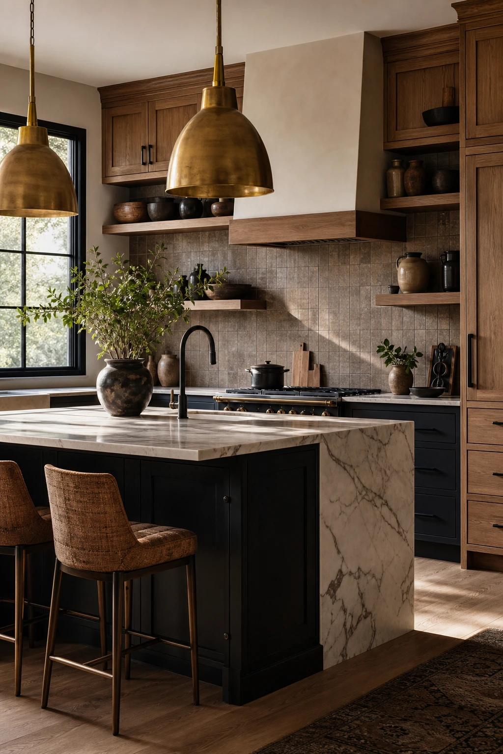 Brown and gold kitchen with black accents as the hero, featuring matte black cabinet hardware, pendant lights, and window frames against warm cabinetry