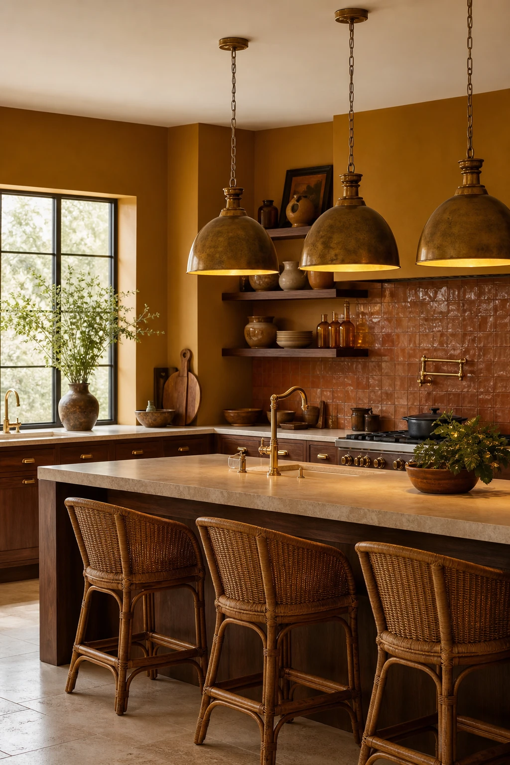 Brown and gold kitchen with brass pendant lights over an island, warm cabimel tones, Farrow and Ball Hog Plum walls, natural morning light