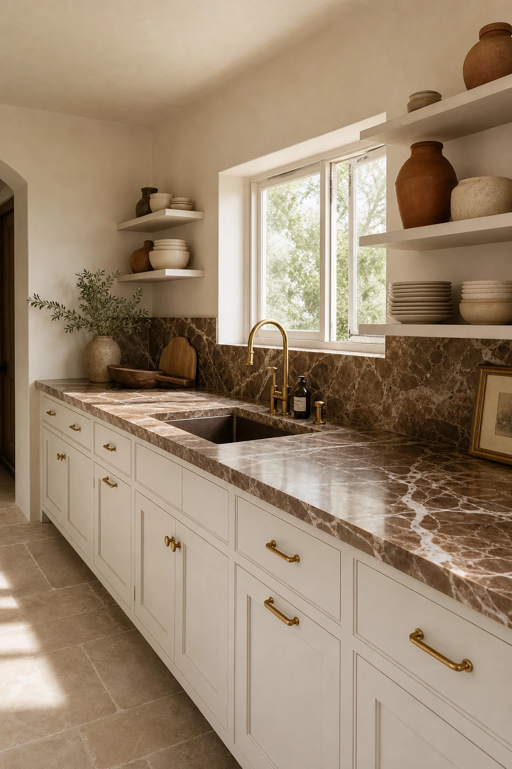 Brown and gold kitchen with brown marble countertops on white cabinets, gold fixtures, warm white walls, and natural light from a window over the sink