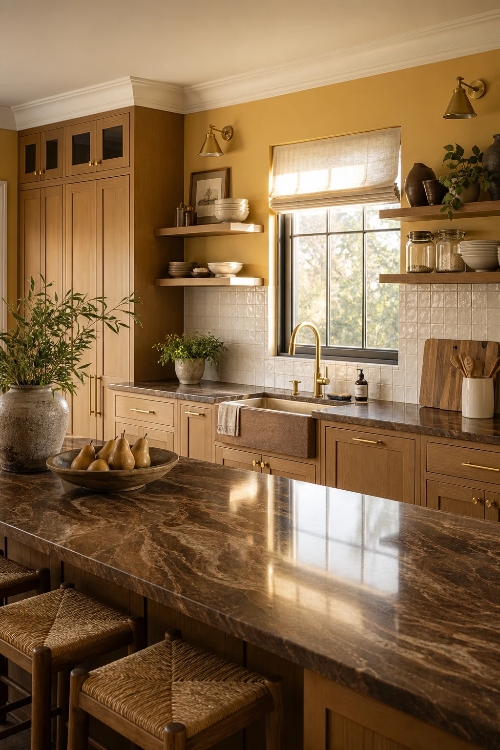 Brown and gold kitchen with brown quartz countertops as the hero, warm cabinetry, brass fixtures, and Farrow and Ball Corngold painted walls in soft natural light