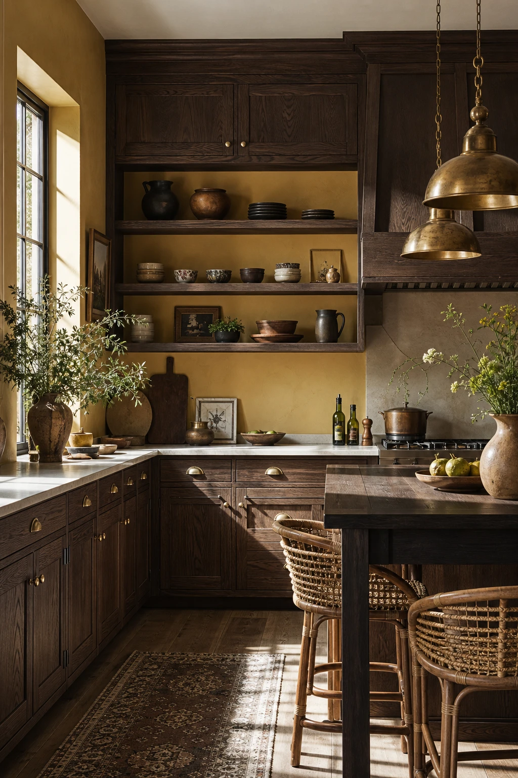 Brown and gold kitchen with chocolate brown cabinets as hero, warm gold hardware, textured wood grain doors, Farrow and Ball Ciara Yellow walls, stone countertops, pendant lighting