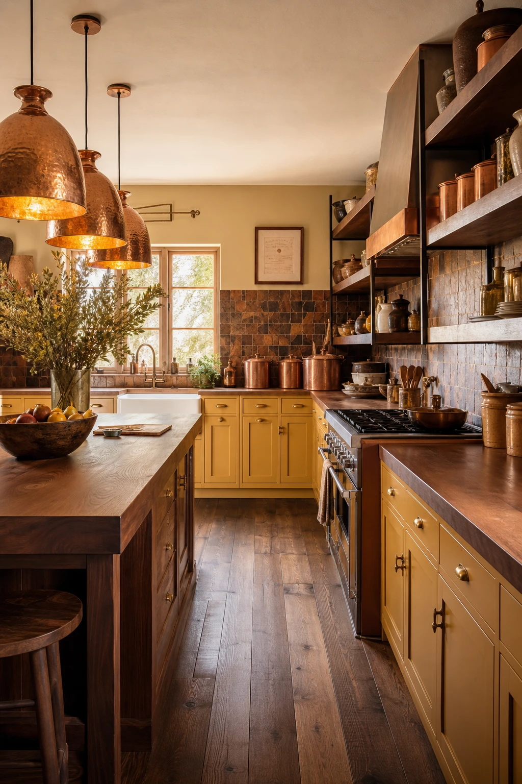 Brown and gold kitchen with copper accents as the hero, warm pendant lights, open shelving, terracotta backsplash, and Farrow and Ball Butterweed painted cabinetry