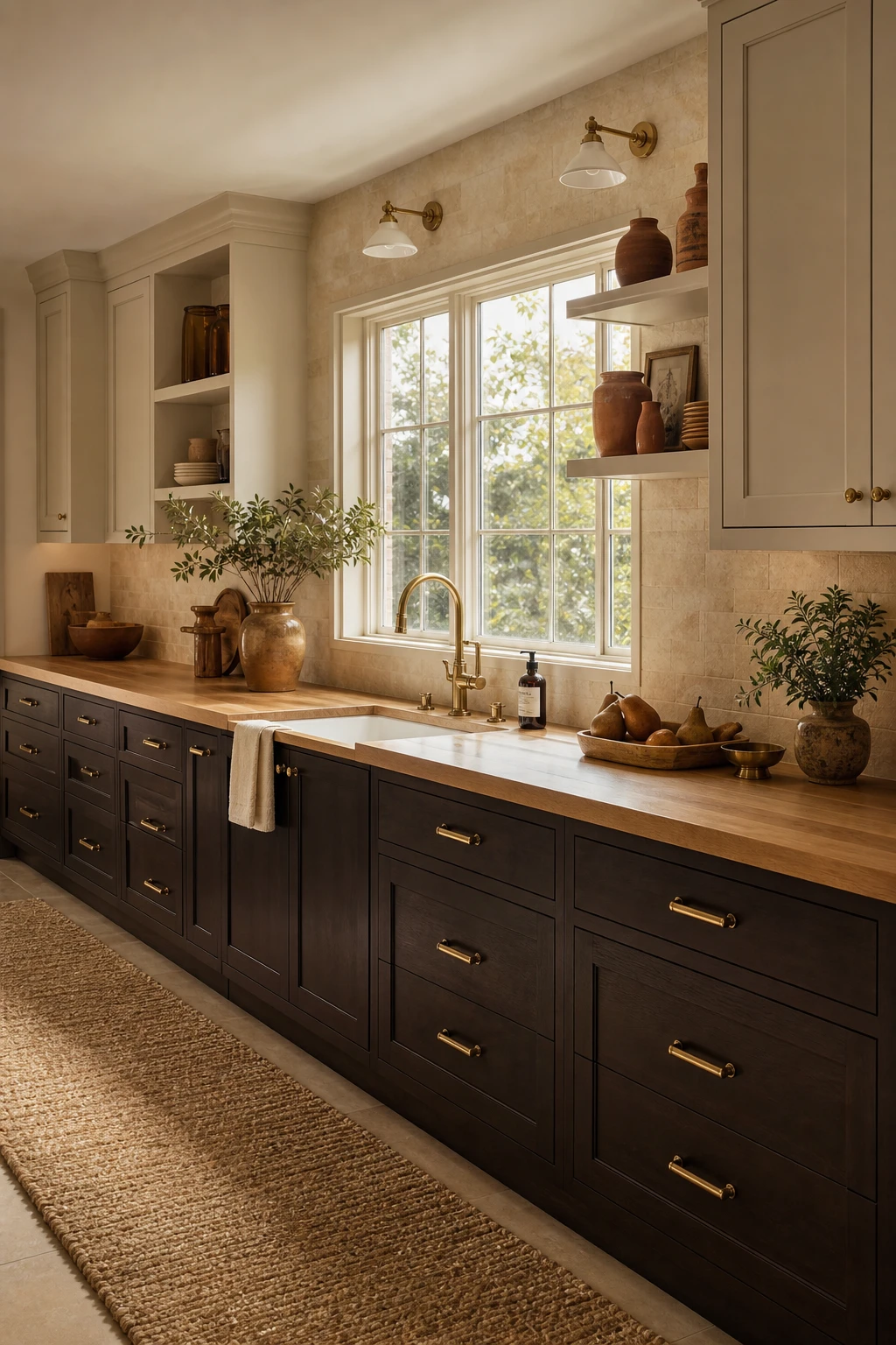Brown and gold kitchen with cream upper cabinets and deep brown lower cabinets creating a calm layered palette with warm natural light