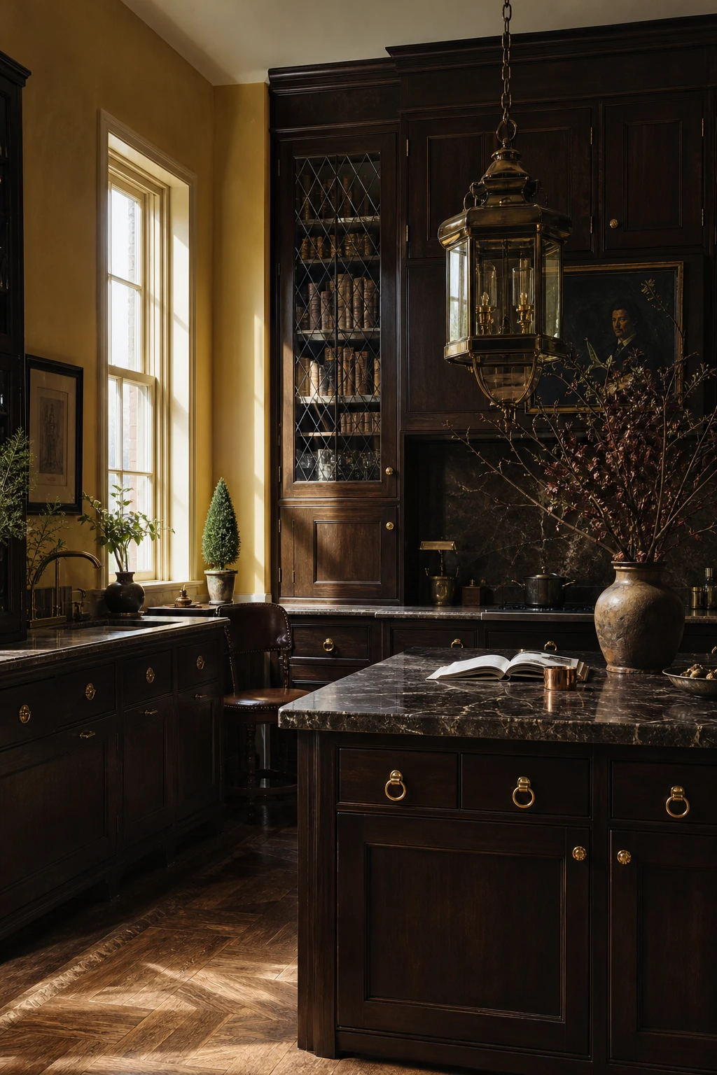 Brown and gold kitchen with dark academia mood, deep wood cabinets, antique brass hardware, leaded glass uppers, stone countertops and Octagon Yellow painted walls