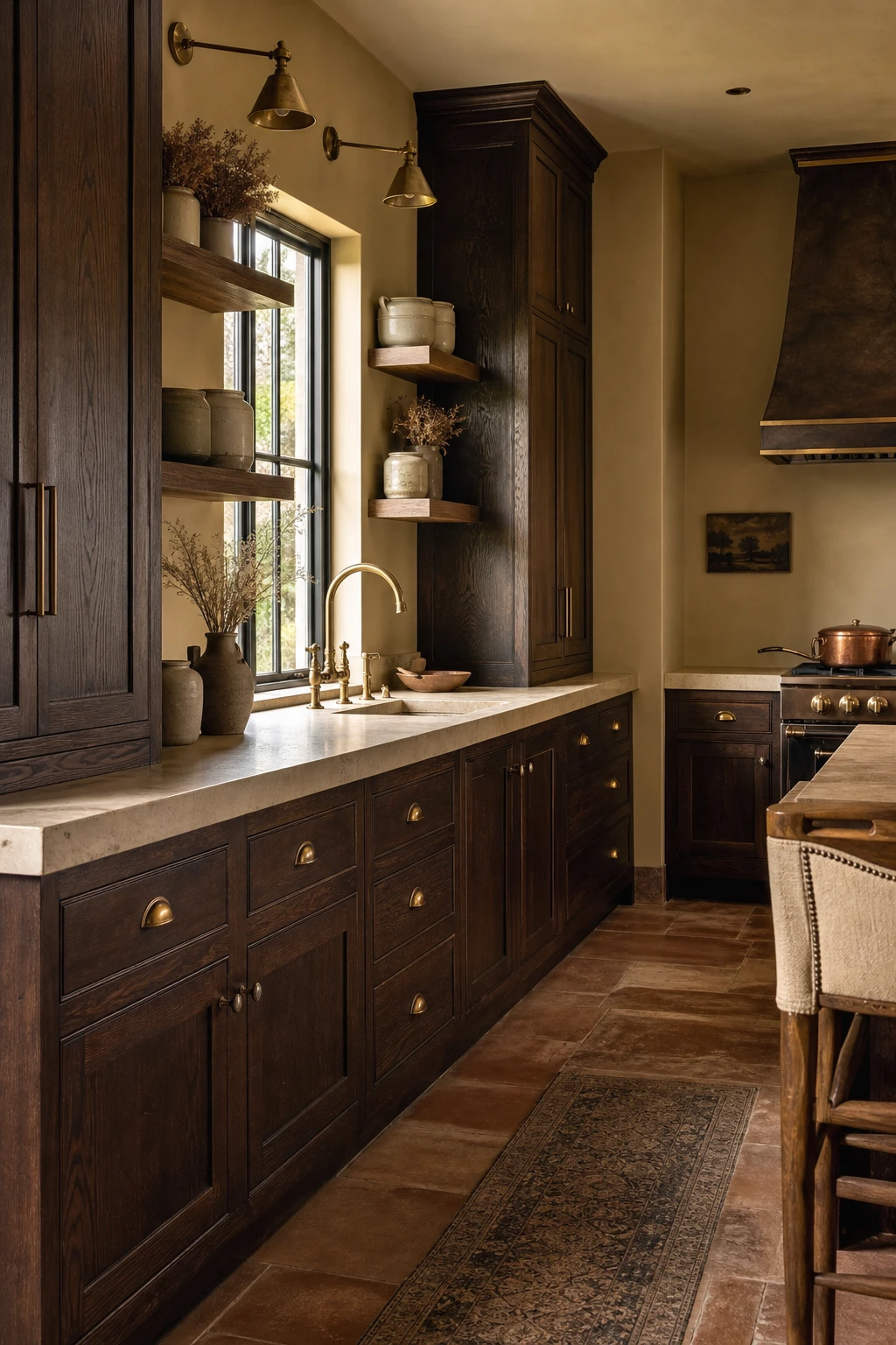 Brown and gold kitchen with dark oak cabinetry as the hero, warm grain detail, brass hardware, stone countertops and Charlottes Locks painted walls in soft natural light