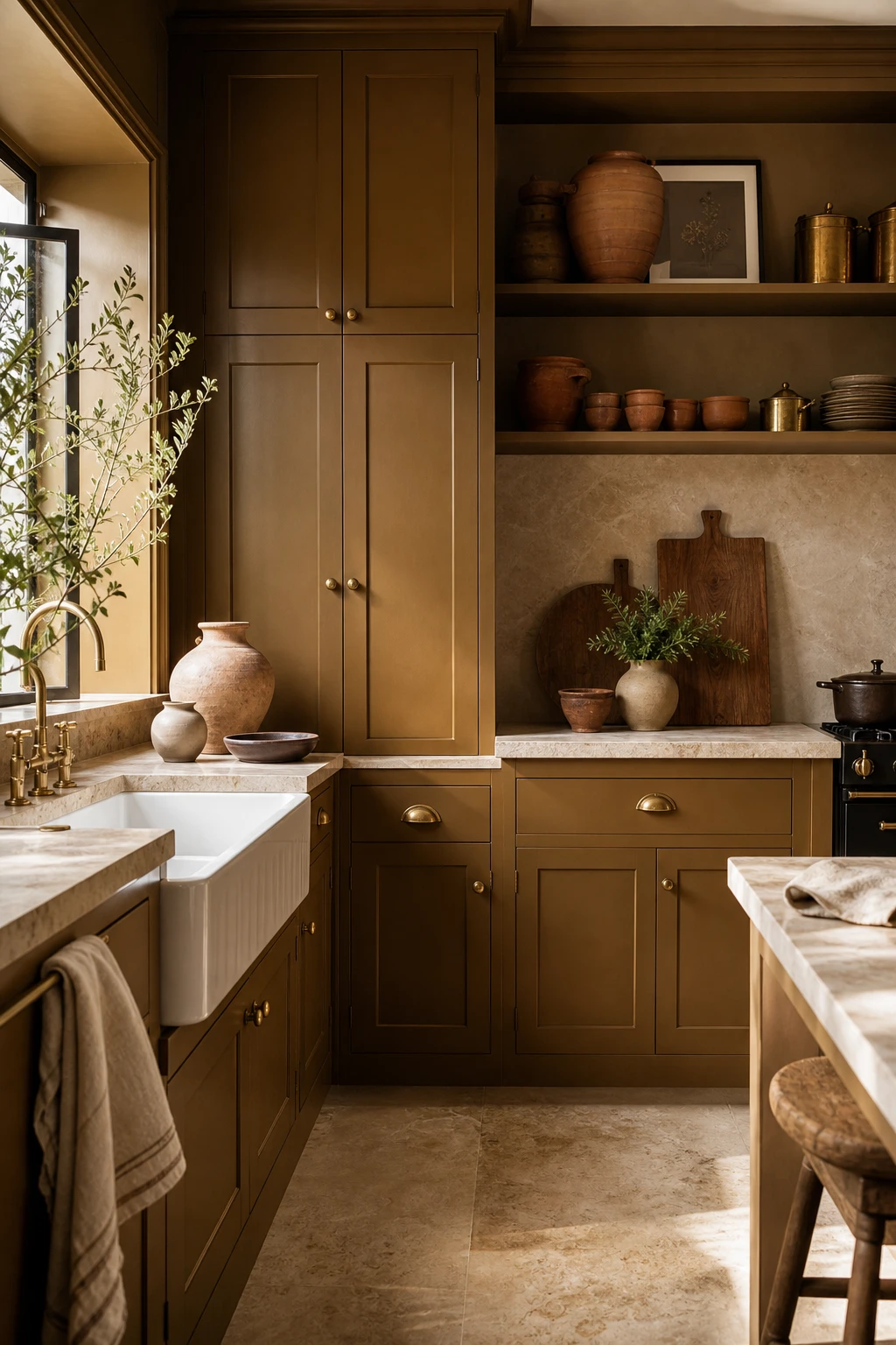 Brown and gold kitchen with Farrow and Ball Citrona painted cabinets, brass hardware, warm stone countertops and natural light from a window above the sink