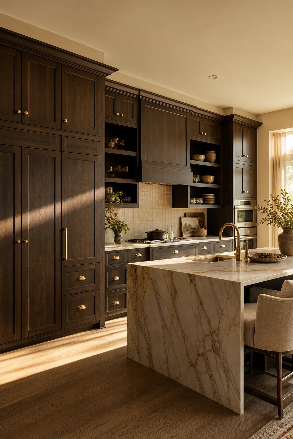 Brown and gold kitchen with floor to ceiling dark brown cabinets, gold hardware, brass pendant lights, marble countertops and warm afternoon light