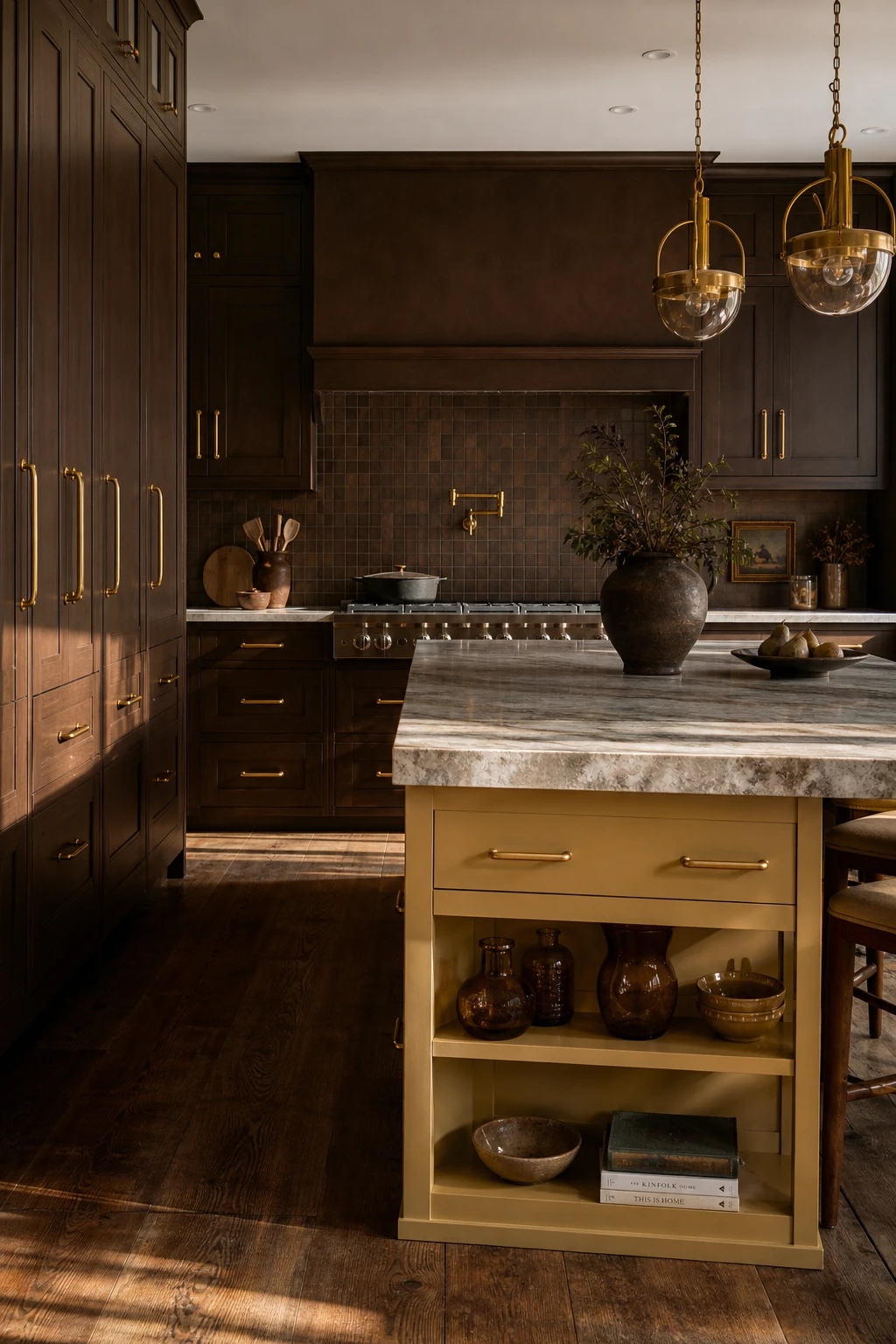 Brown and gold kitchen with gold handles as the hero detail on warm brown shaker cabinets painted in Farrow and Ball Babouche yellow on the island