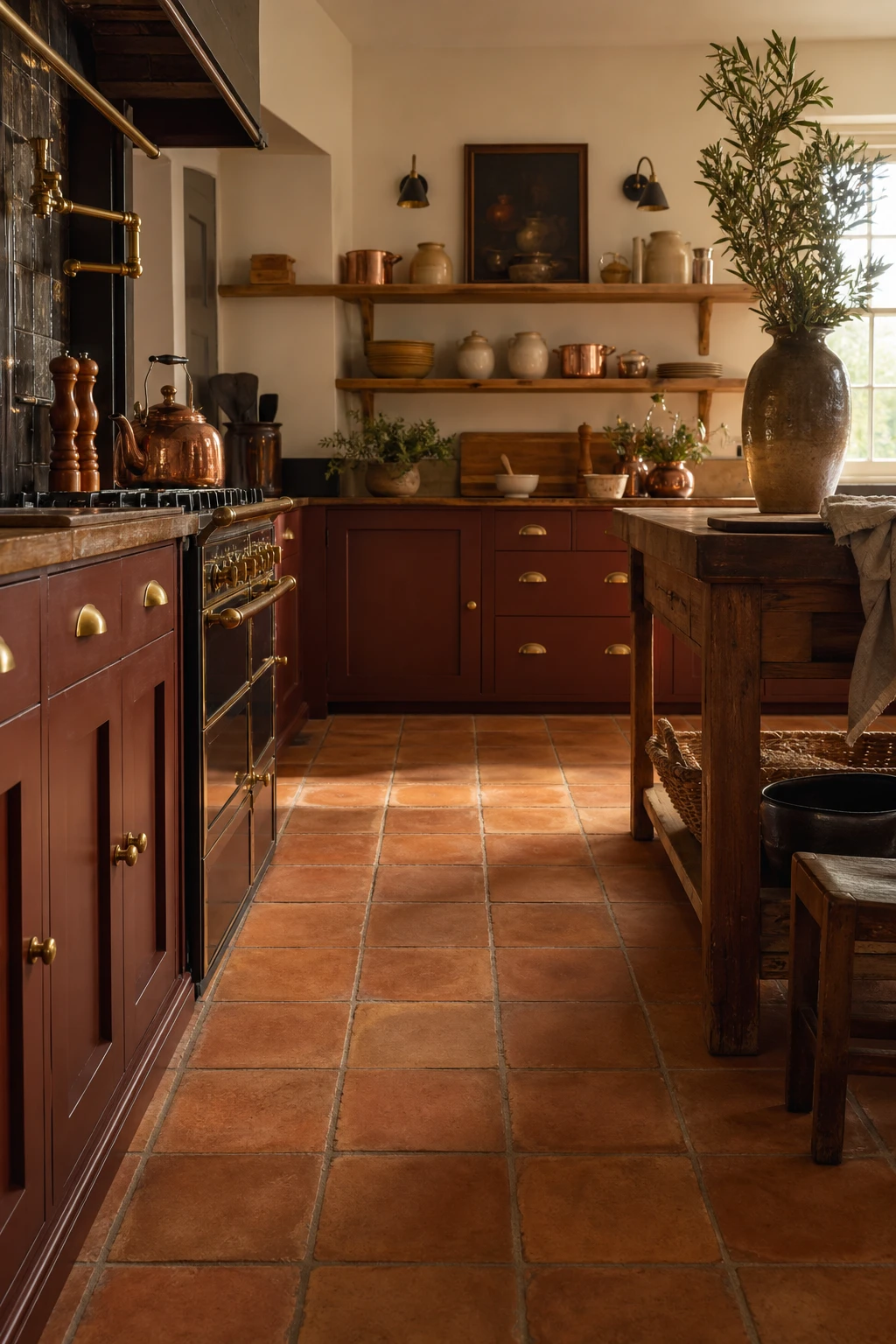 Brown and gold kitchen with quarry tile floor in warm terracotta, Farrow and Ball Red Earth cabinetry, brass fixtures, and open shelving under natural morning light
