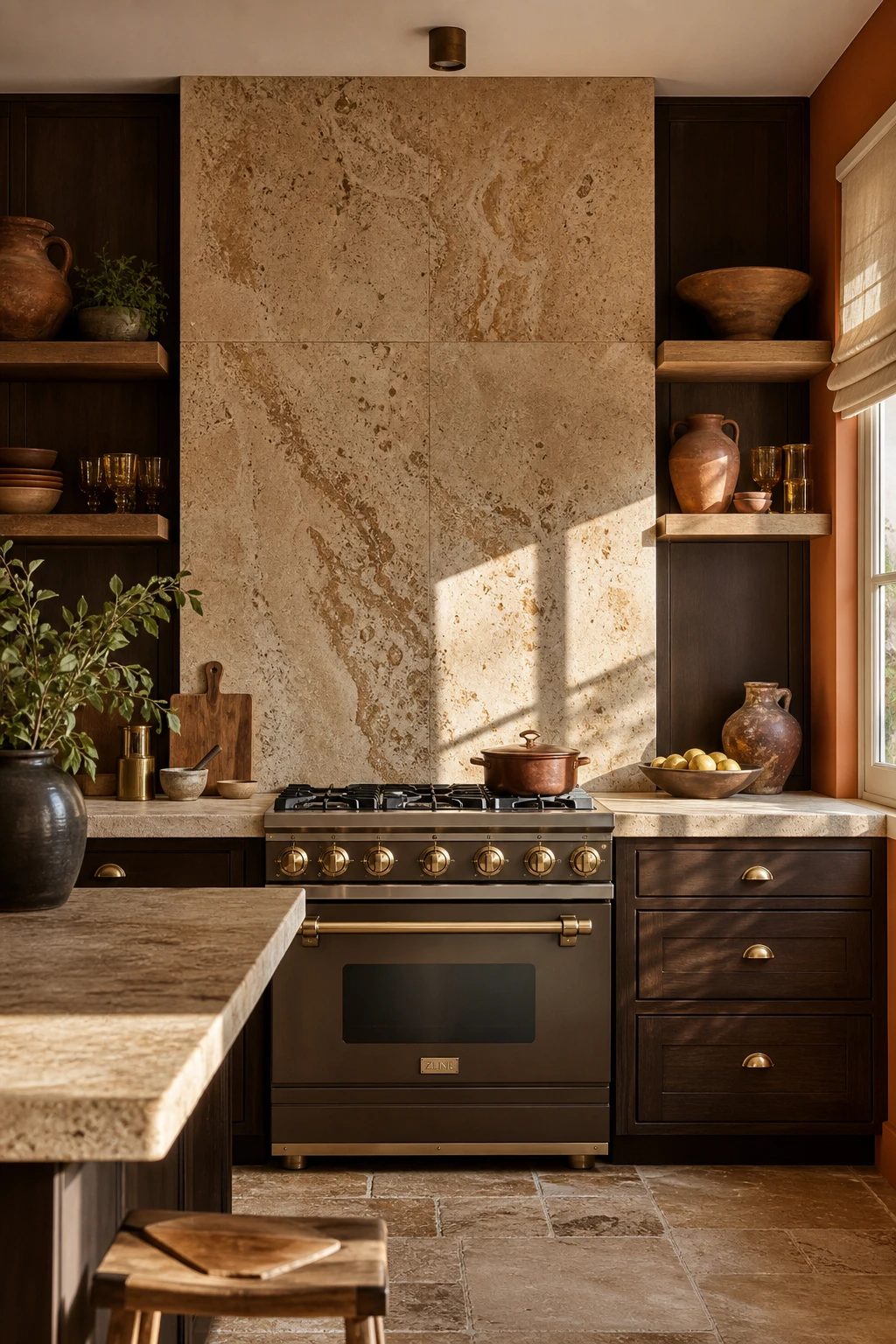 Brown and gold kitchen with travertine backsplash tiles, warm Dutch Orange painted walls, rich wood cabinetry and aged brass fixtures in an old world style
