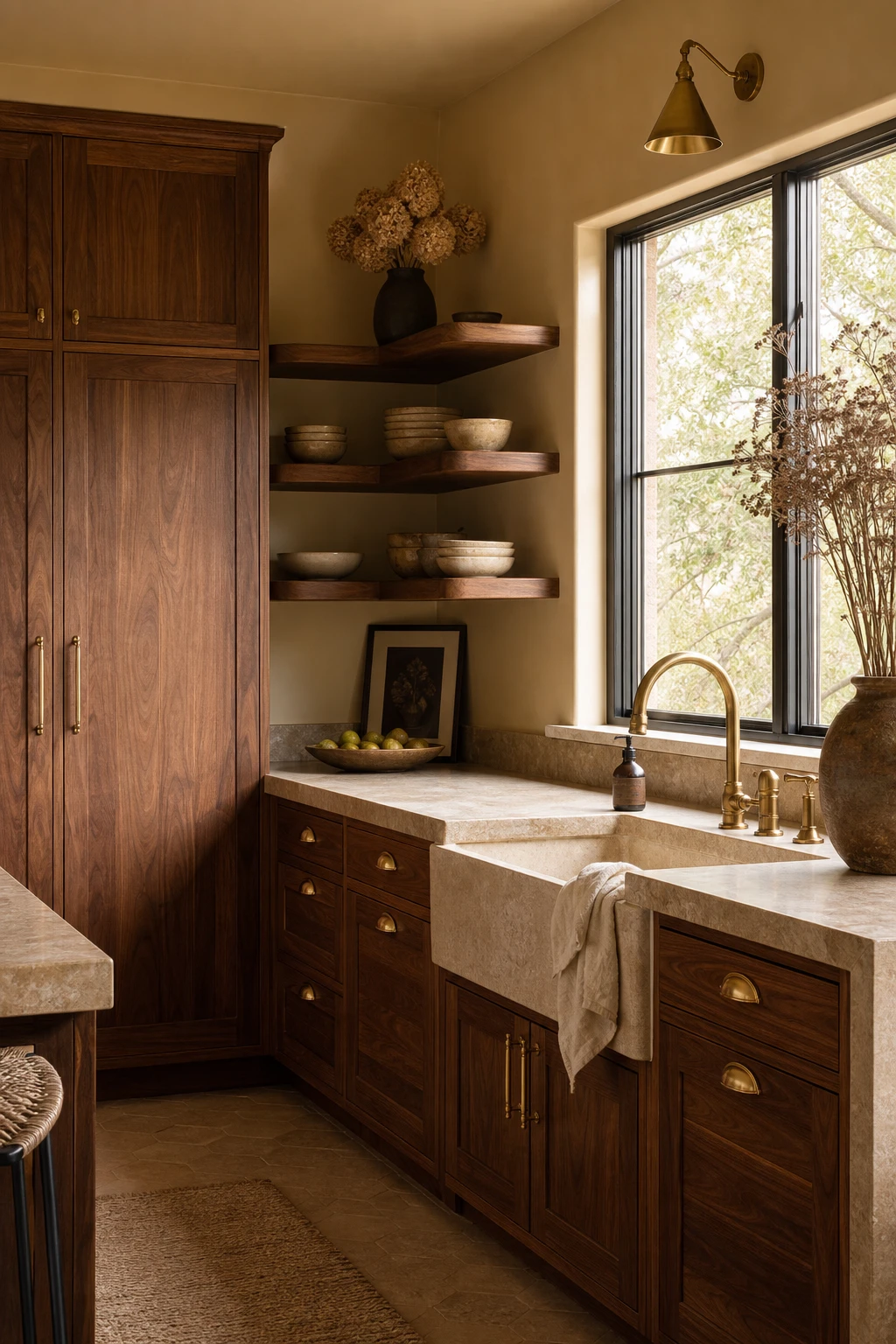 Brown and gold kitchen with walnut cabinets as hero, open grain wood fronts, brass hardware, stone countertops, and Farrow and Ball Cane painted walls in warm afternoon light
