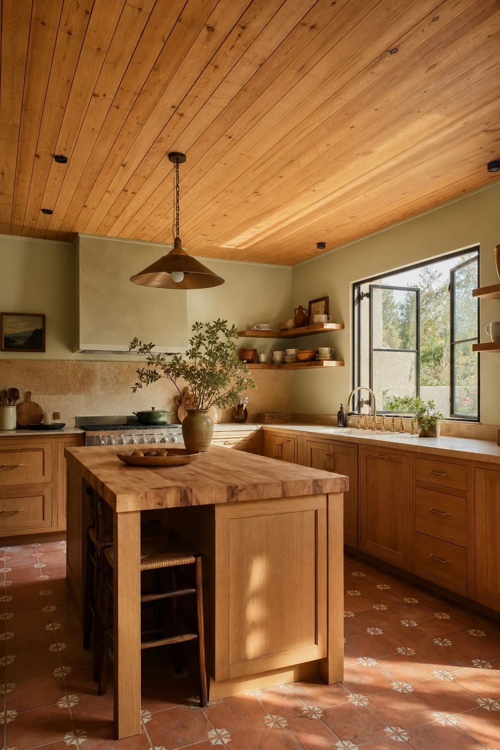 Brown and gold kitchen with wood ceiling planks as hero, warm brass fixtures, honey oak cabinetry, terracotta floor tiles and Farrow and Ball Pale Hound walls in afternoon light