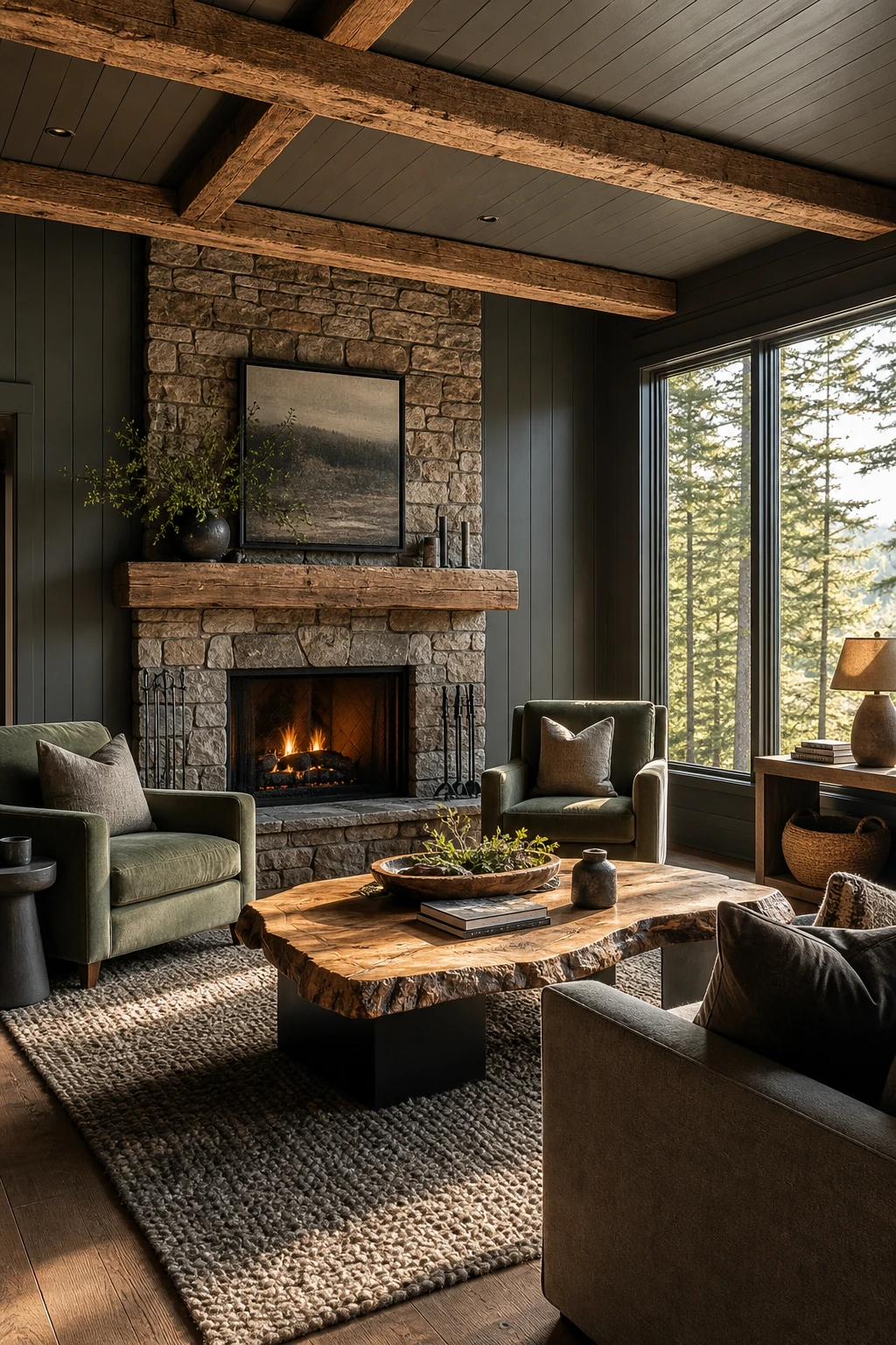 Cabin style gray and green living room with exposed timber beams, stone fireplace, sage green armchairs, and Farrow and Ball Hopper Head painted walls