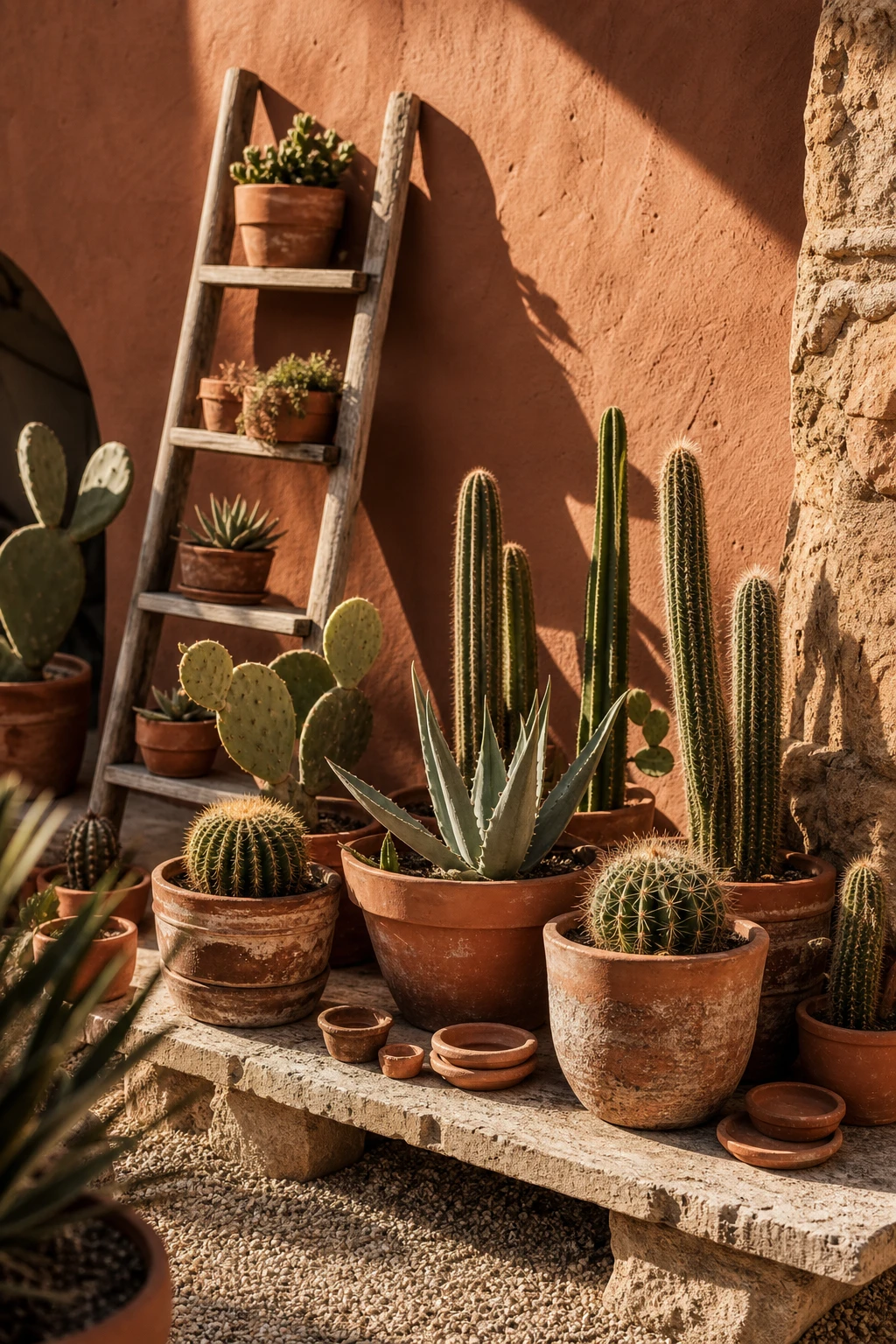 Cacti in terracotta pots arranged on a sun warmed garden shelf painted Farrow & Ball Faded Terracotta, surrounded by gravel and warm natural stone
