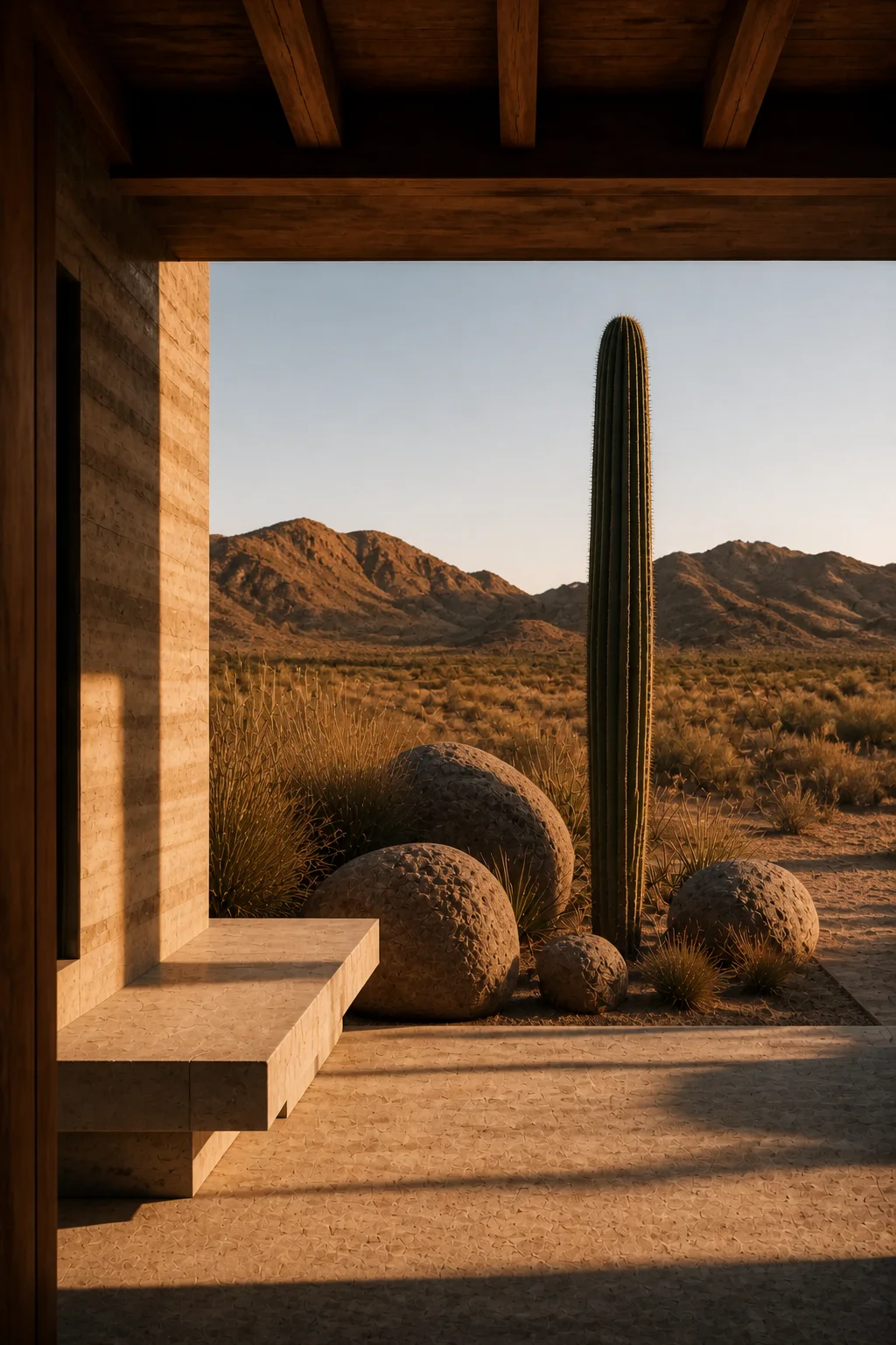 cactus landscape at Baja Earth House in Baja California Sur in an original fictional editorial architecture story about material, landscape, light and the calm sequence of rooms...