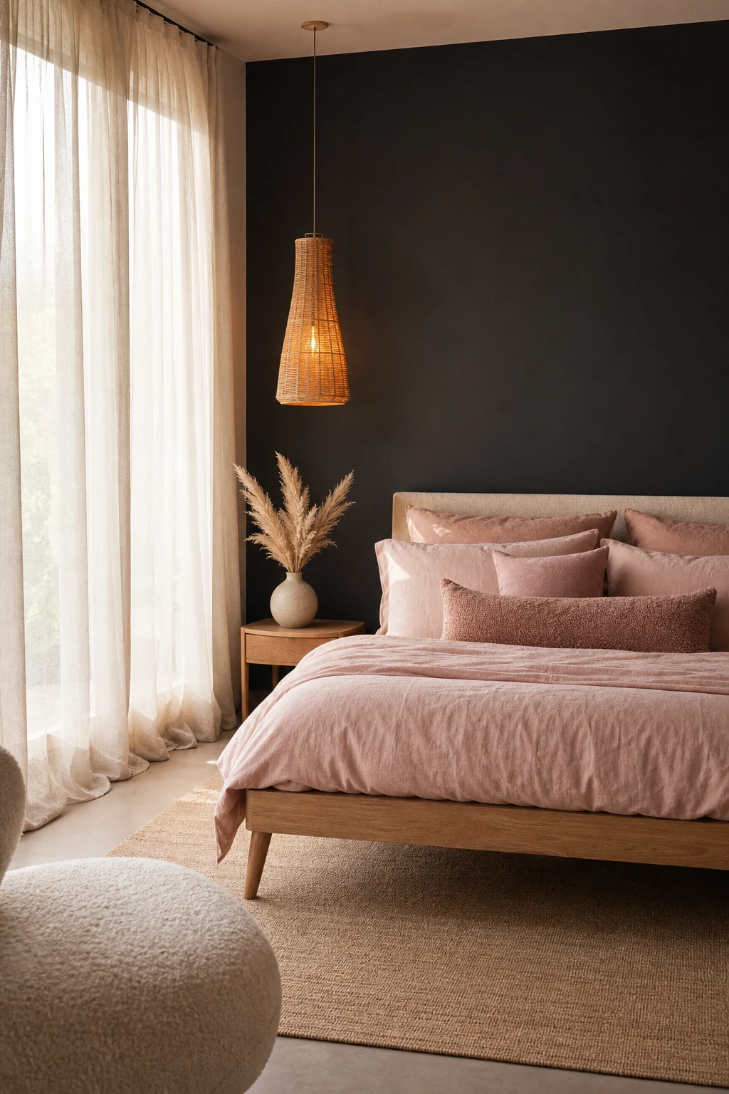 Calm black and light pink bedroom with Farrow & Ball Liquorice painted bedhead wall, linen bedding, soft pink cushions, rattan pendant light and sheer curtains
