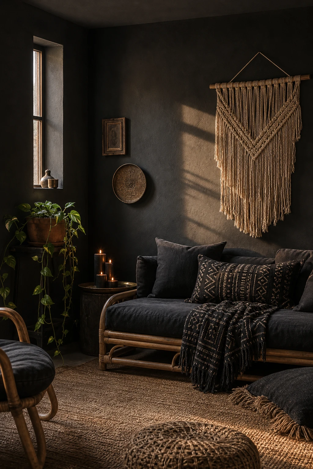 Charcoal grey black boho living room with Down Pipe painted walls, rattan furniture, layered textiles, macrame wall hanging and warm candlelight