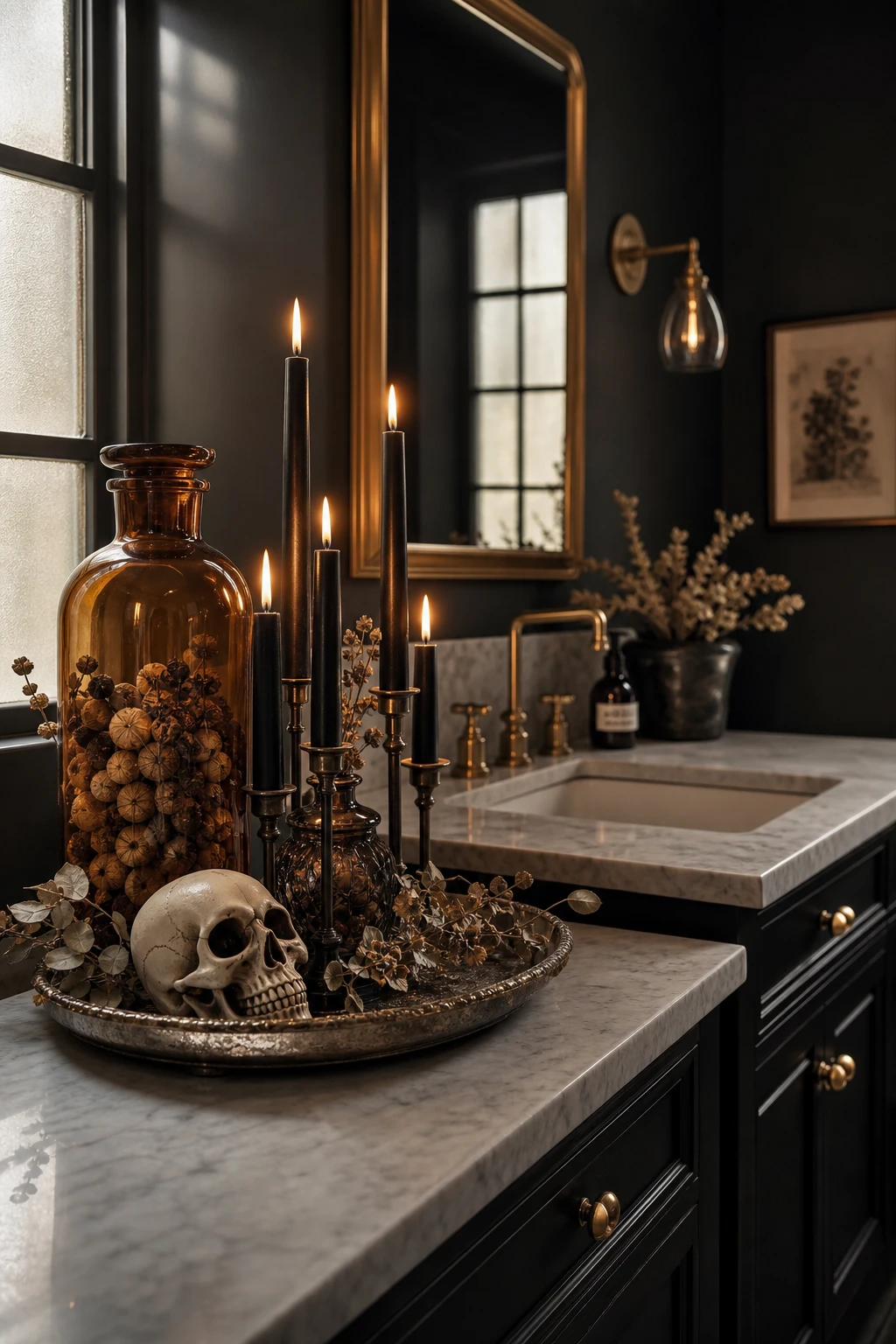 Chic Halloween styled bathroom with black and deep amber accents, dried botanicals, black taper candles, and amber glass vessels on a marble vanity