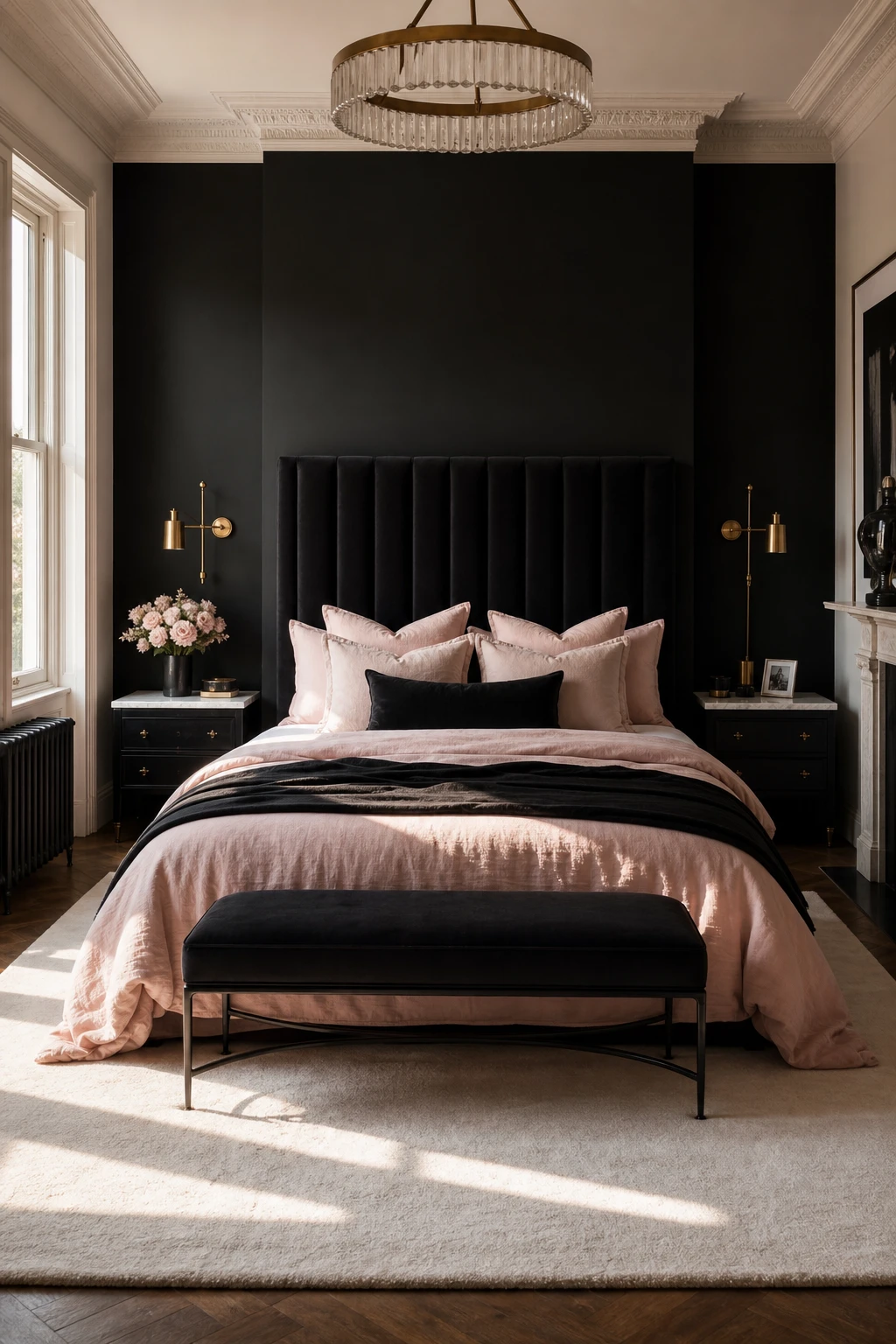 Classic black and pink bedroom with Bible Black accent wall, symmetrical twin nightstands, blush bedding, velvet headboard and natural morning light from tall windows