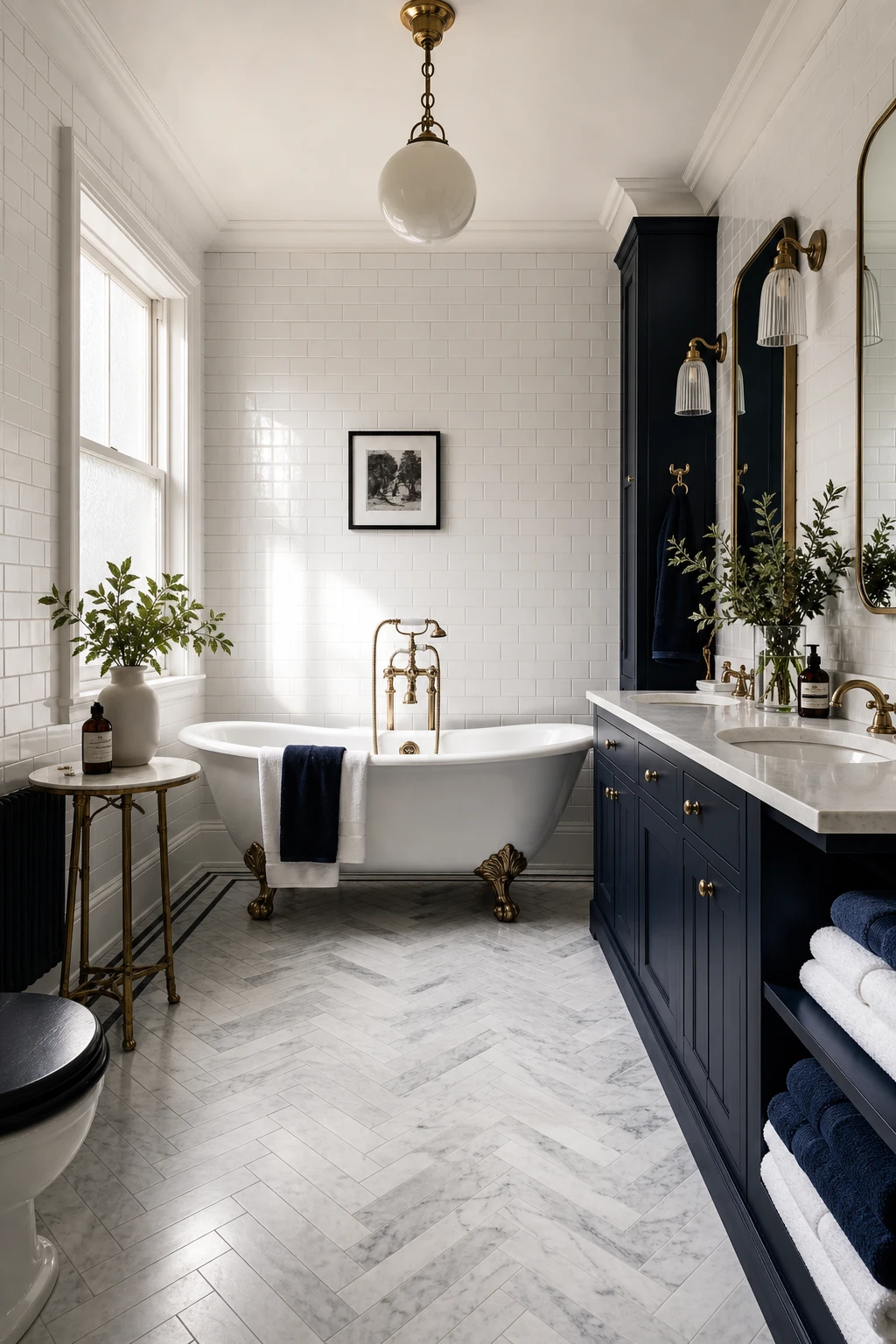 Classic navy and white bathroom with freestanding tub, subway tile walls painted Farrow & Ball All White, brass fixtures, and natural morning light