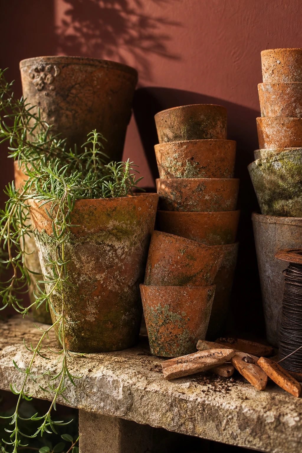 Close up of aged terracotta garden pots with rich patina surfaces, white mineral deposits, moss patches, and Farrow & Ball Singed Red painted garden wall behind them