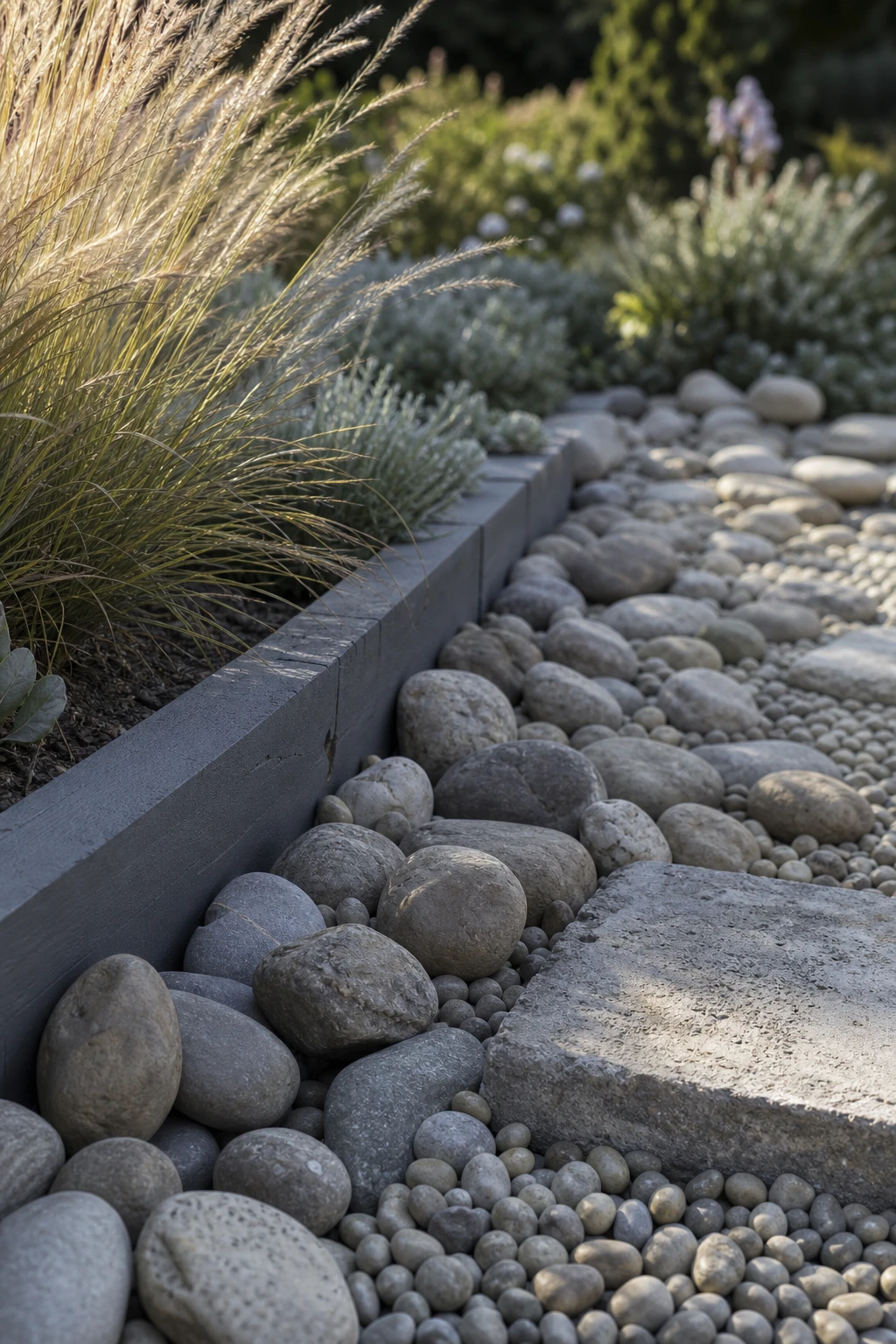 Close up of an elegant neutral garden path where varied pebble sizes create textural detail, with Blue Gray painted timber edging and soft planting beyond