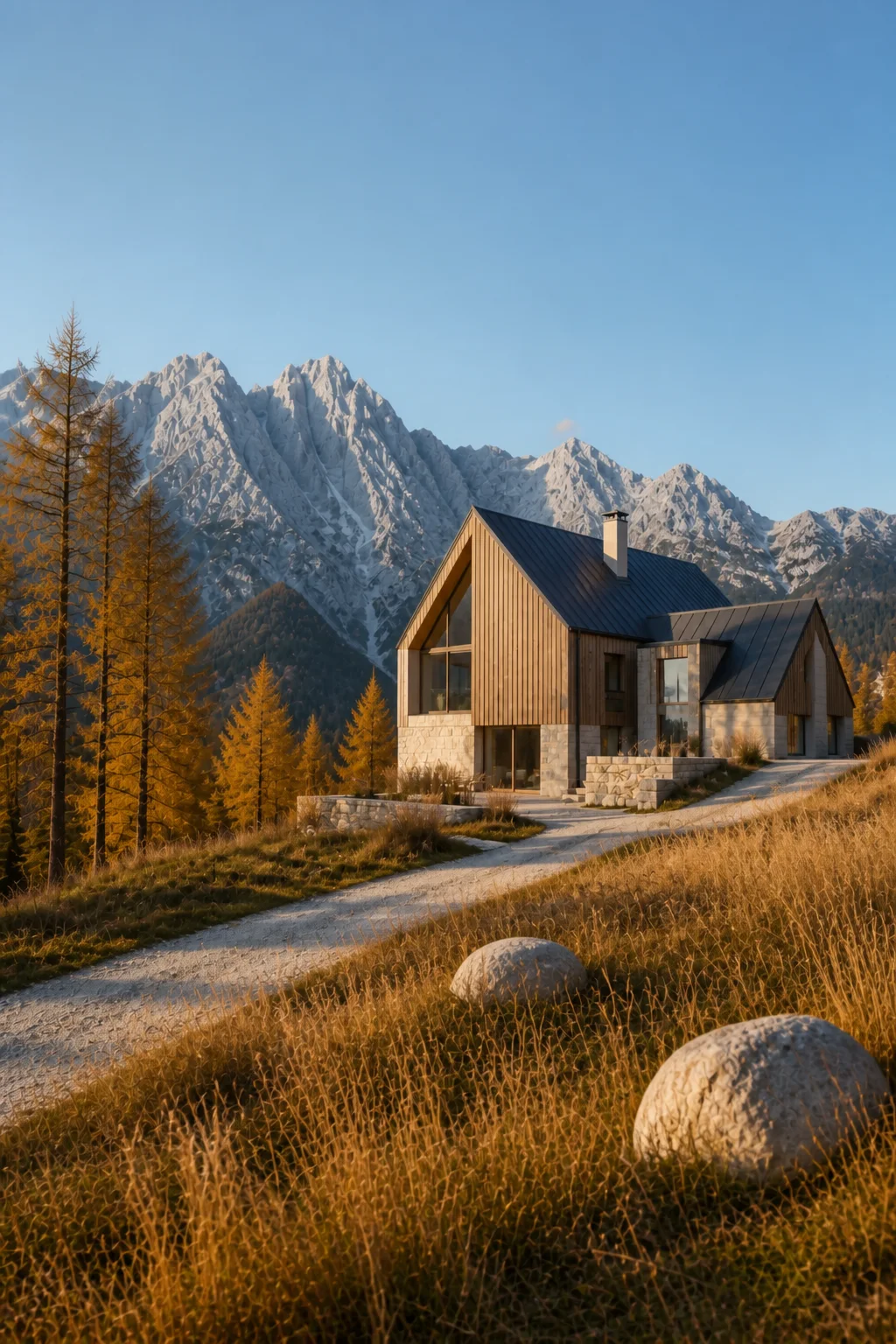 closing landscape at the Slovenian Alpine House in the Julian Alps in an original fictional editorial architecture story about material, landscape, light and the calm sequence of r