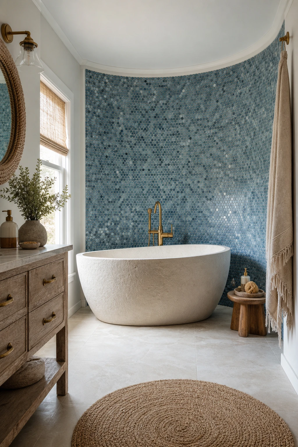 Coastal blue mosaic tile bathroom with penny round wall tiles, driftwood vanity, rope mirror, and soft natural light in a relaxed seaside mood