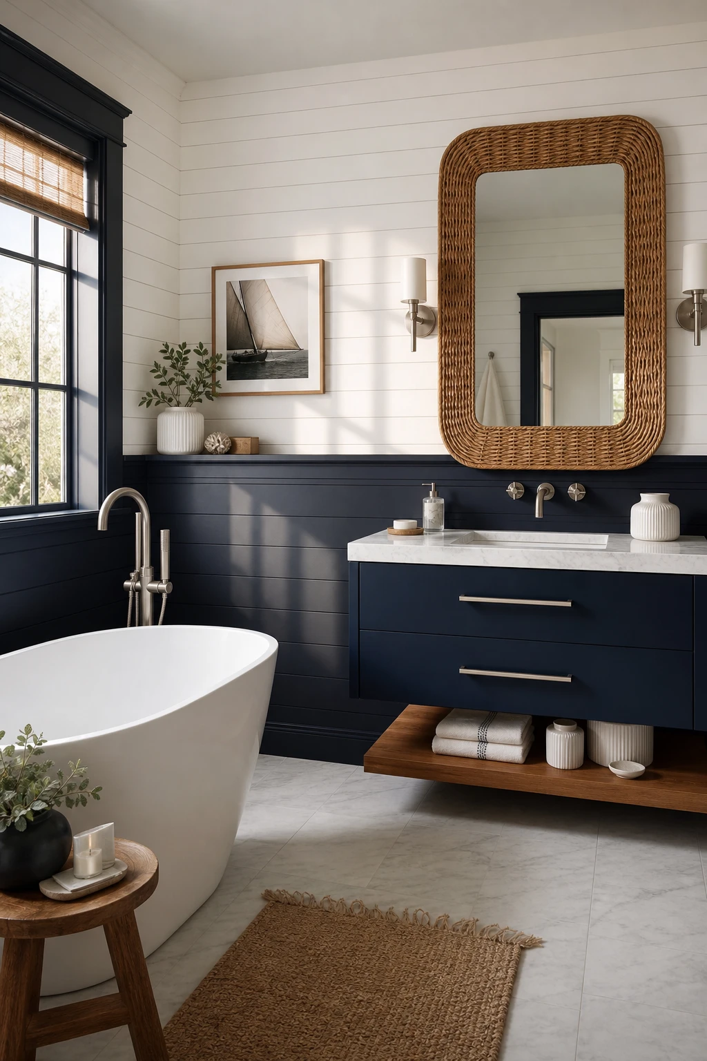 Coastal modern navy and white bathroom with shiplap walls, freestanding tub, rattan accents, and Farrow & Ball Blackened painted trim in soft morning light