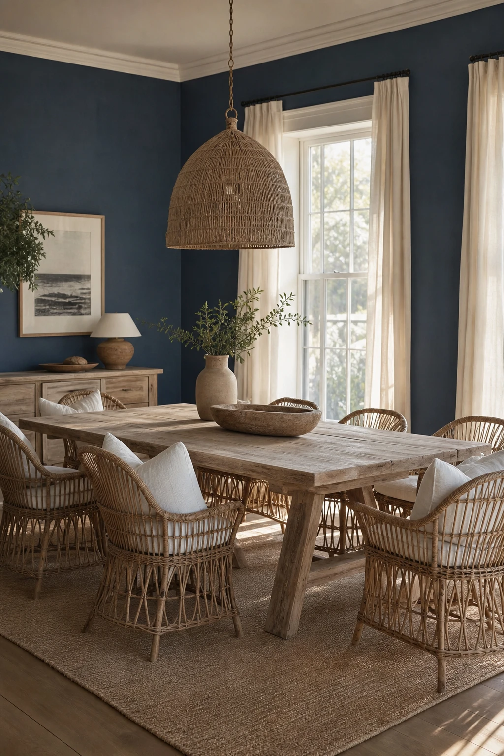 Coastal navy blue dining room with rattan chairs, bleached wood table, jute rug, and woven pendant light in breezy natural light