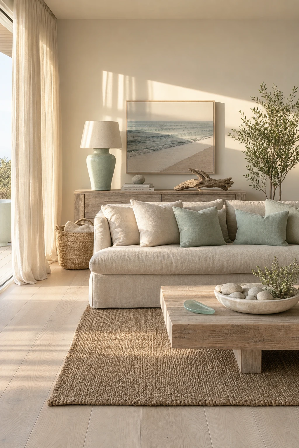Coastal white oak living room with soft sandy tones, sea glass accents, sheer linen drapes, woven textures and Farrow and Ball School House White walls in warm afternoon light