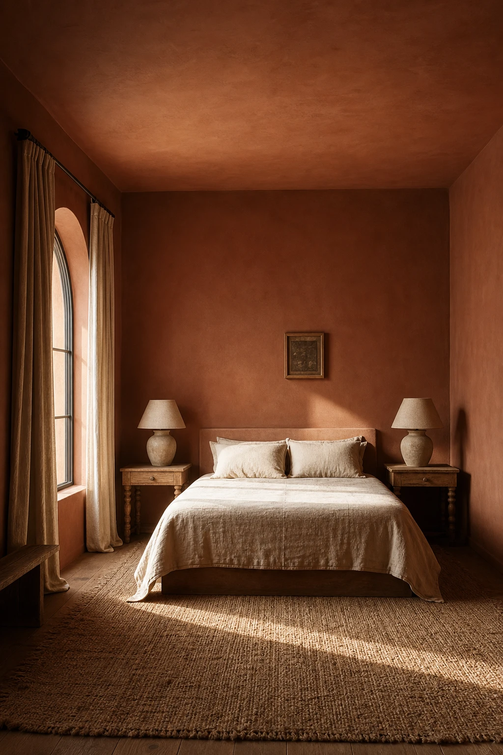 Colour drenched brown bedroom with tonal ceiling and walls painted the same warm terracotta brown, creating a cocooning enveloping atmosphere