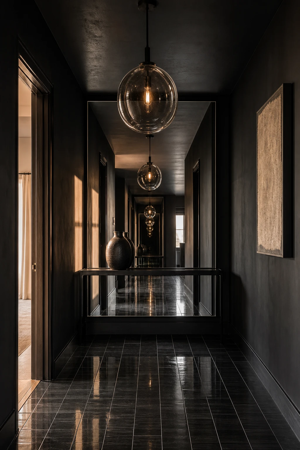 Compact black hallway painted Farrow & Ball Tar with a large mirror, slim console table, pendant light, and glossy floor tiles creating depth