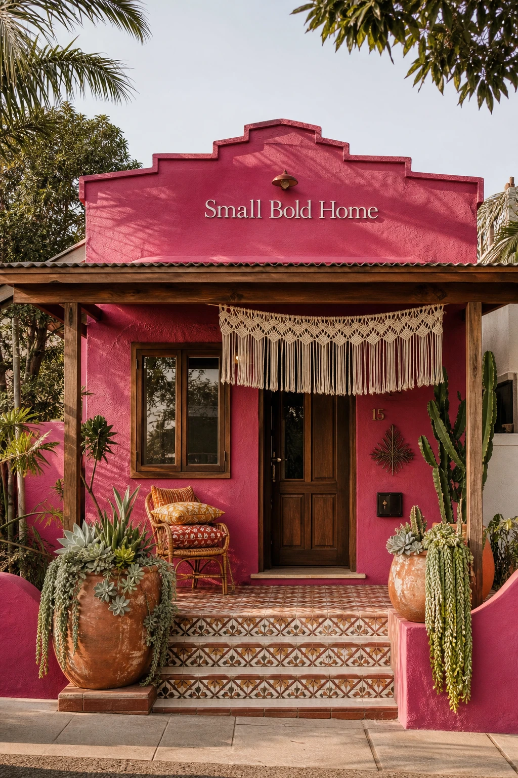 Compact boho bungalow exterior painted deep pink Rangwali with layered textiles on porch, terracotta pots, and bold wooden front door in bright natural light
