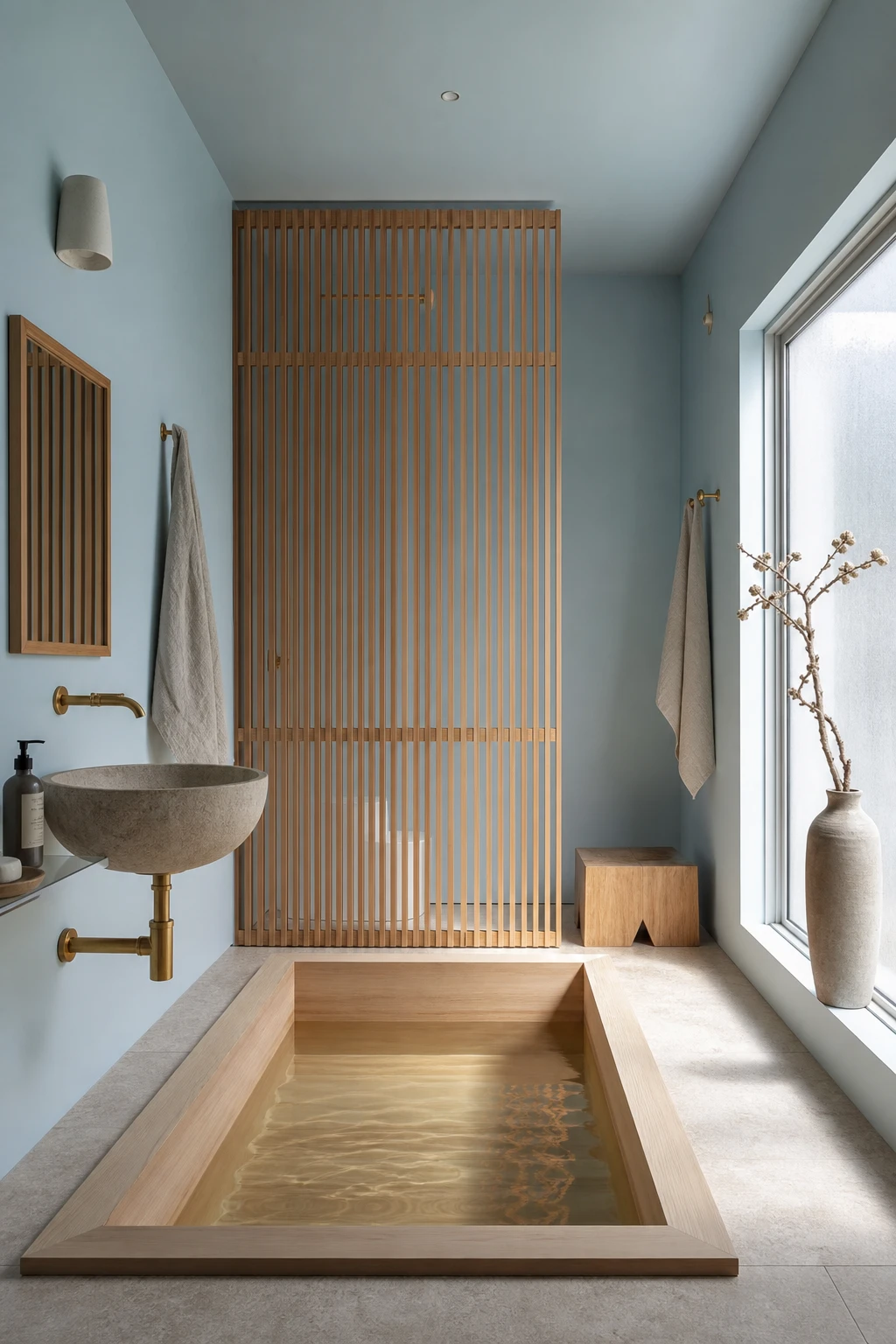 Compact Japanese coastal bathroom with a deep soaking tub, pale blue walls, slatted wood panel, stone basin and skylight flooding the room with soft morning light