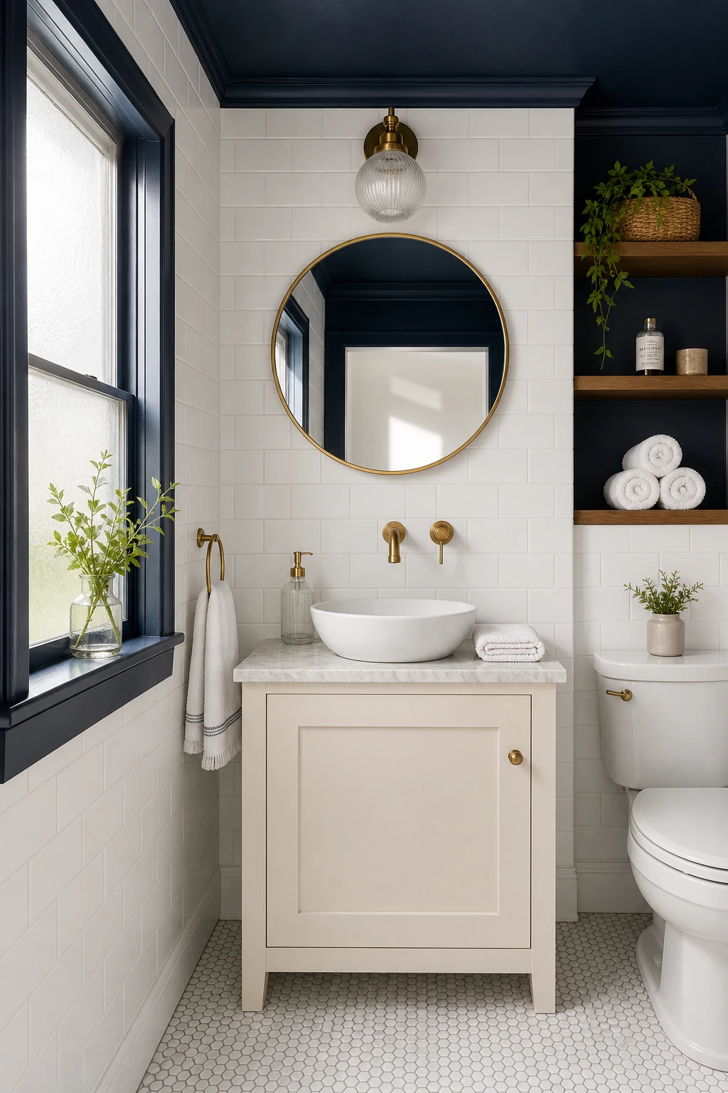 Compact navy and white bathroom with a small blue vanity as the hero, white subway tile walls, round mirror, and warm morning light