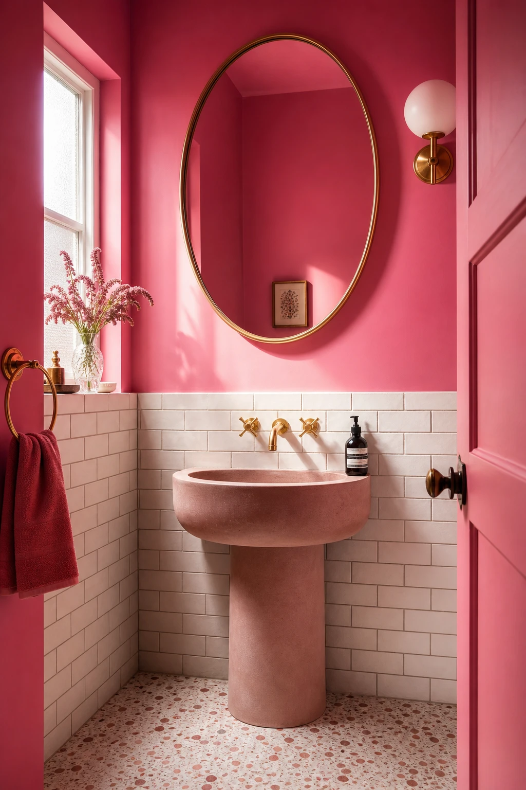 Compact pink bathroom with saturated hot pink walls, gold fixtures, white subway tiles, oval mirror and terrazzo floor in joyful maximalist style
