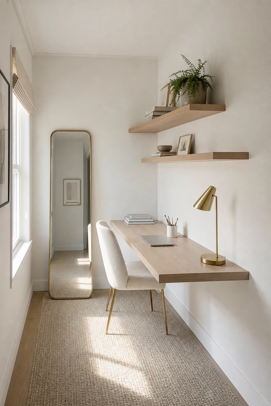 Compact white home office with a slim desk against the wall, floating shelves above, a slender chair, and warm natural light making the small layout feel open and airy