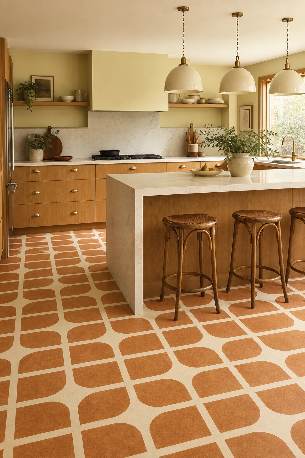 Contemporary kitchen with 70s flooring featuring bold geometric vinyl tiles, warm oak cabinetry, Farrow and Ball Pale Hound walls and brushed brass fittings