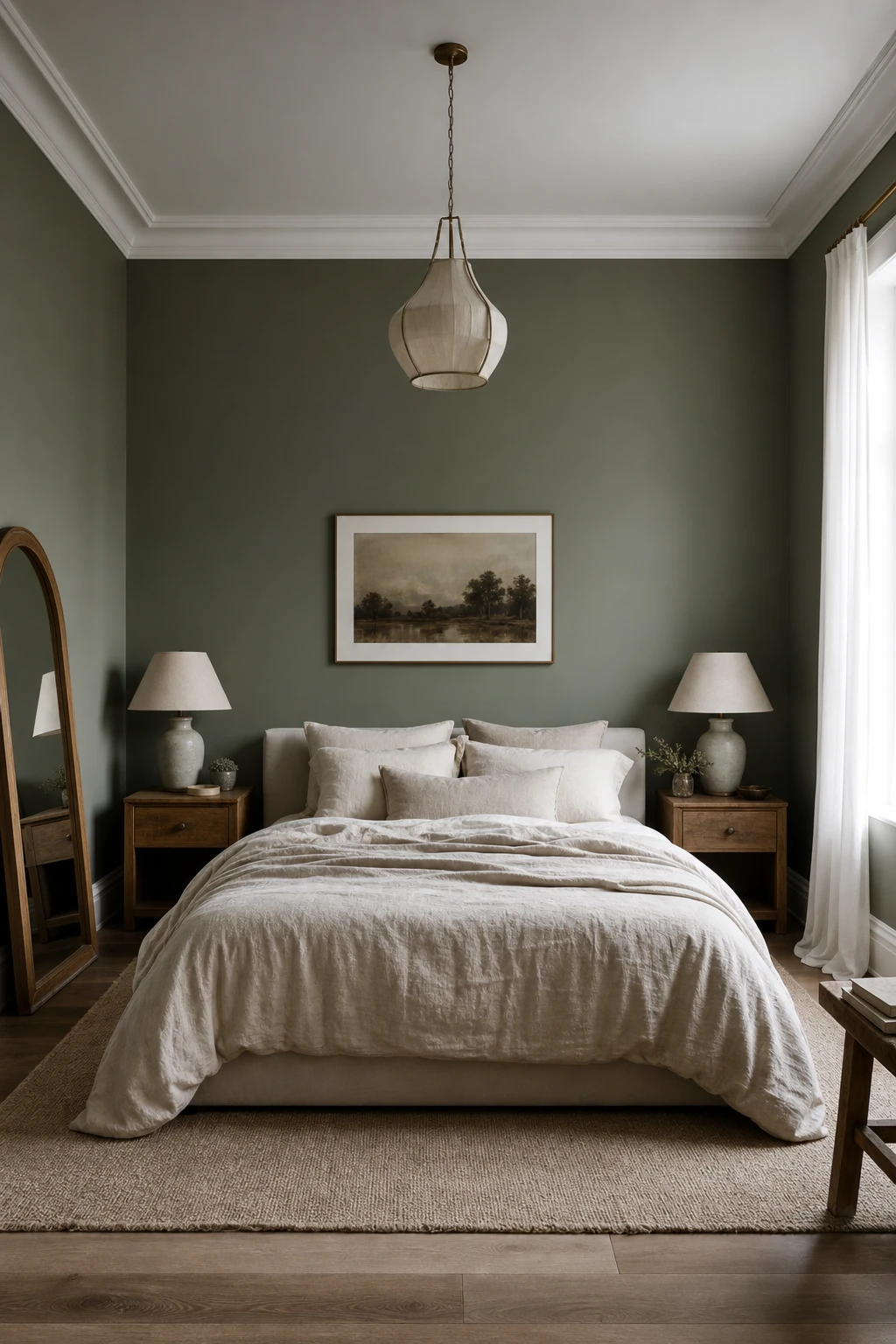 Cosy bedroom wrapped in all over sage green walls with warm white trim, linen bedding, wooden nightstands and soft morning light filtering through sheer curtains