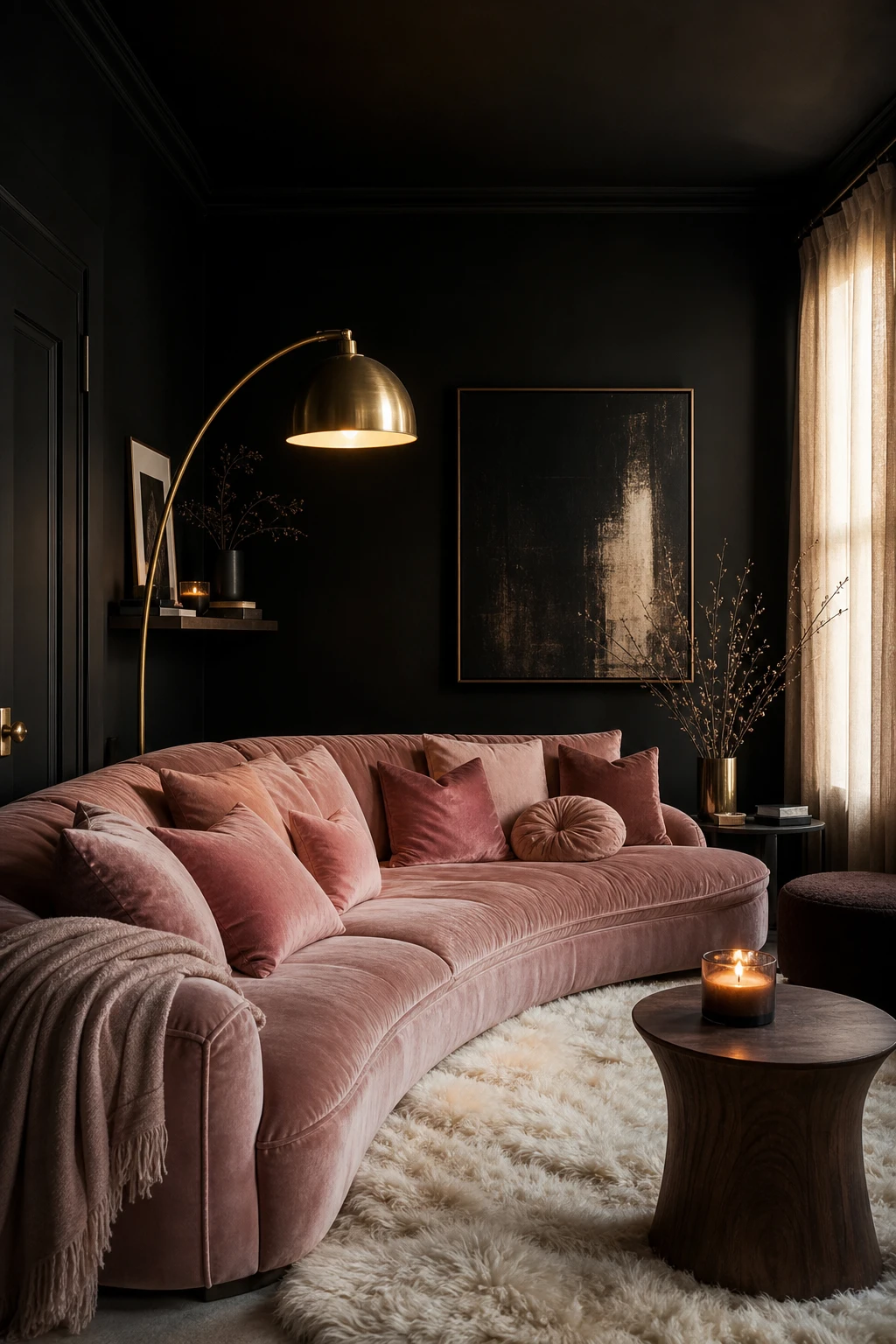 Cosy black and pink interior with matte black walls, a blush velvet sofa, brass floor lamp, pink cushions, and a sheepskin rug in warm evening light