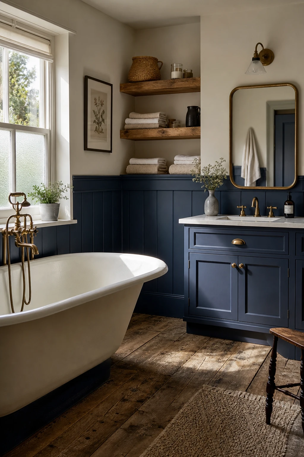Cosy farmhouse navy and white bathroom with shiplap walls, a freestanding tub, open timber shelving, and warm brass fixtures in soft morning light