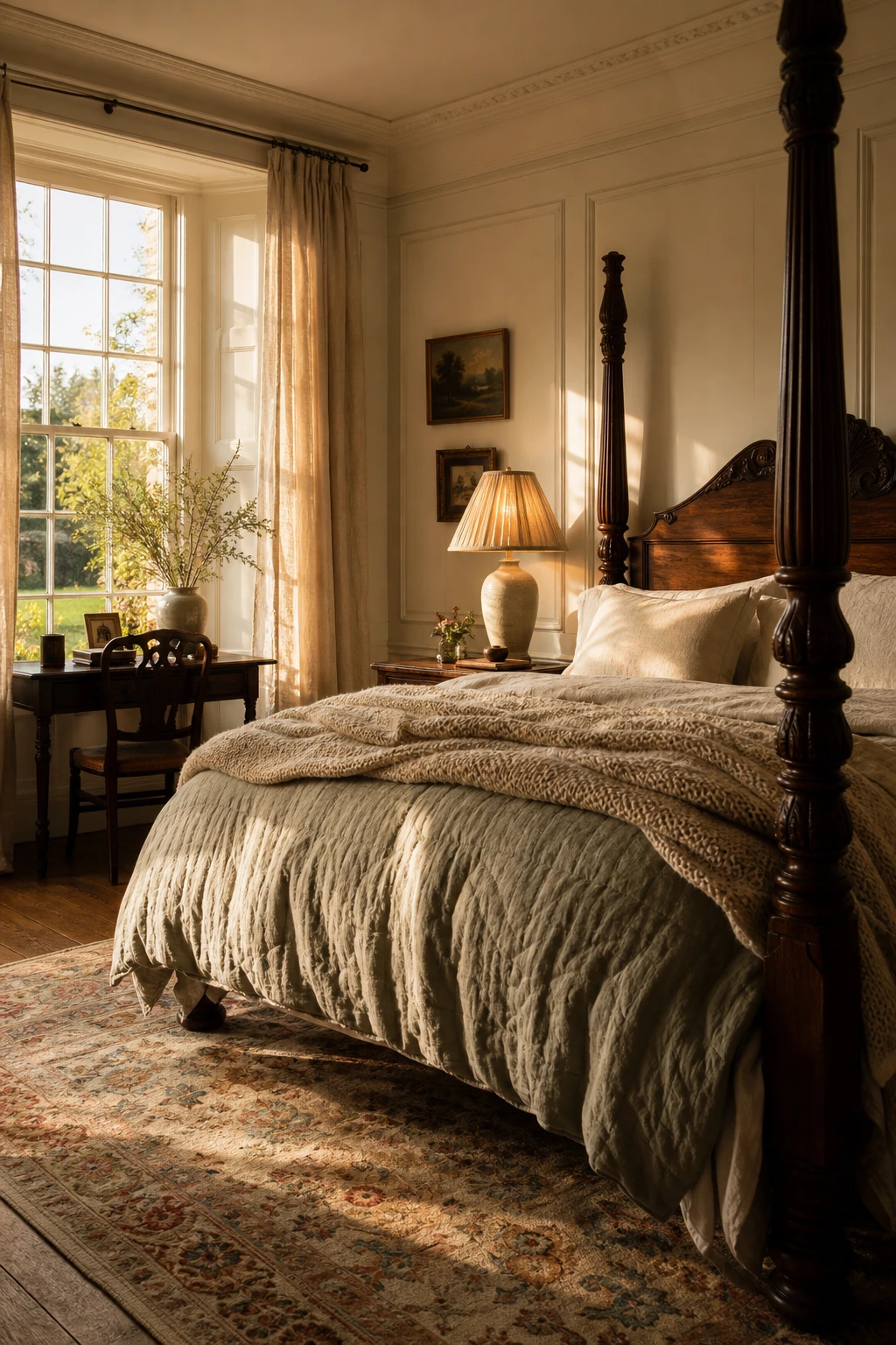 Cosy Georgian bedroom with layered natural textures, linen bedding, wool throws, oak floorboards and Farrow and Ball Old White painted walls in warm candlelit afternoon light