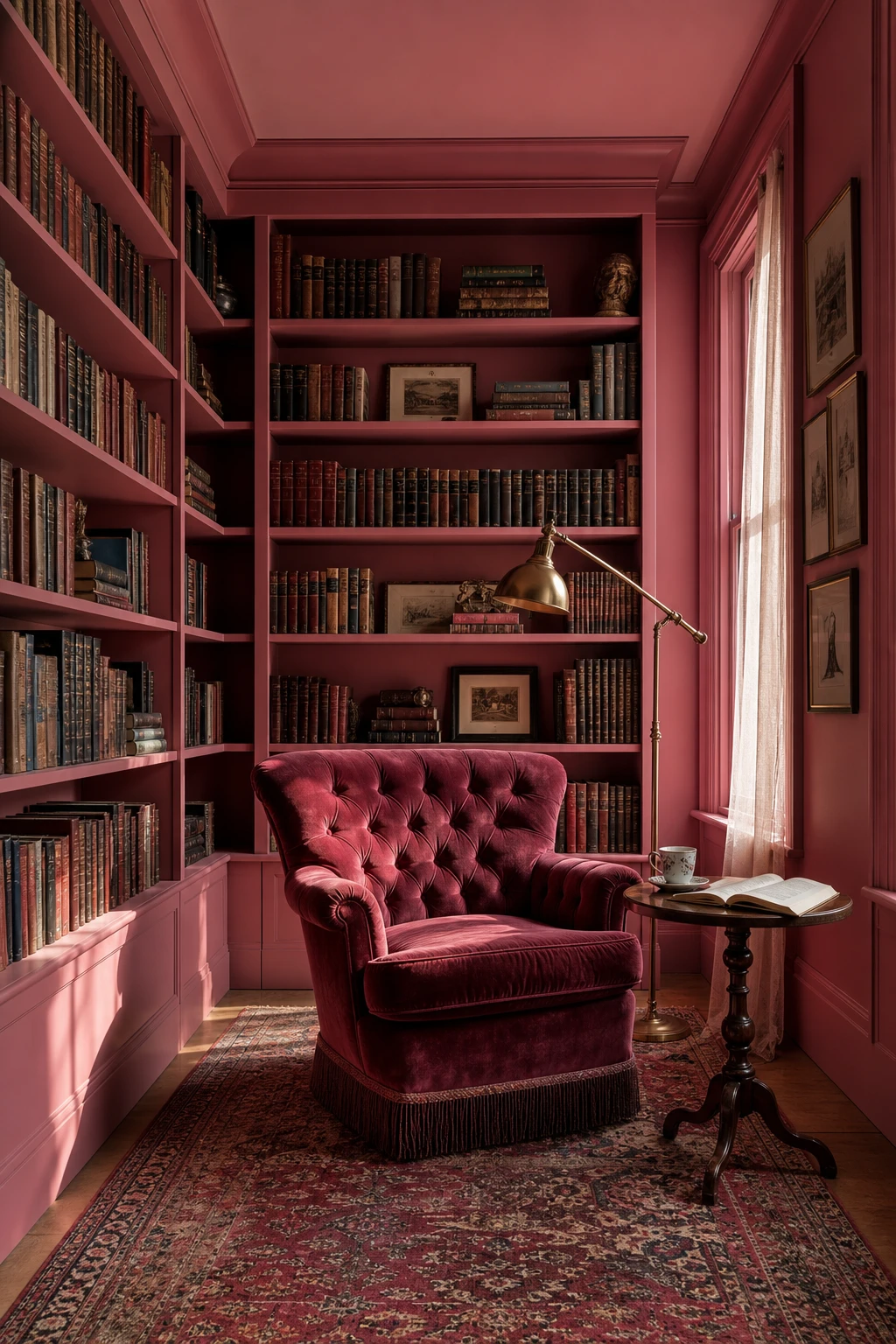 Cosy pink home library with floor to ceiling bookshelves, a tufted reading chair, brass library lamp, and Farrow and Ball Sulking Room Pink walls